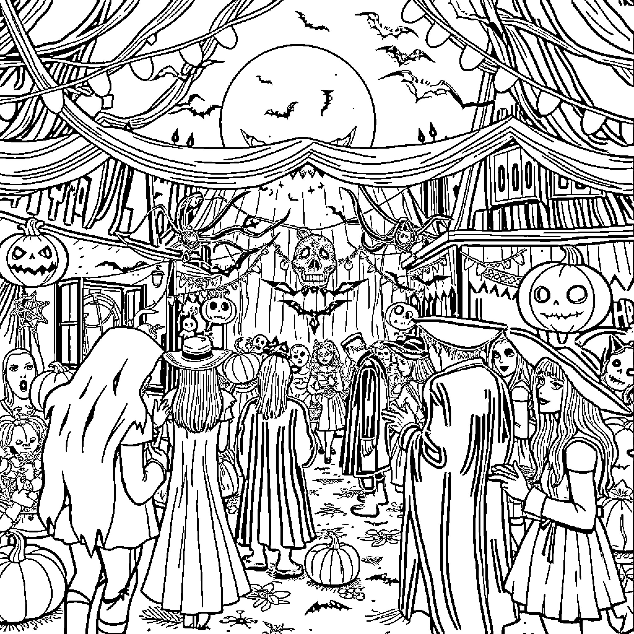 Huntrix Halloween Celebration at Haunted Village Coloring Page (free black-and-white line drawing printable PDF for all, from beginners to advanced learners, including children, teens, adults, and seniors)