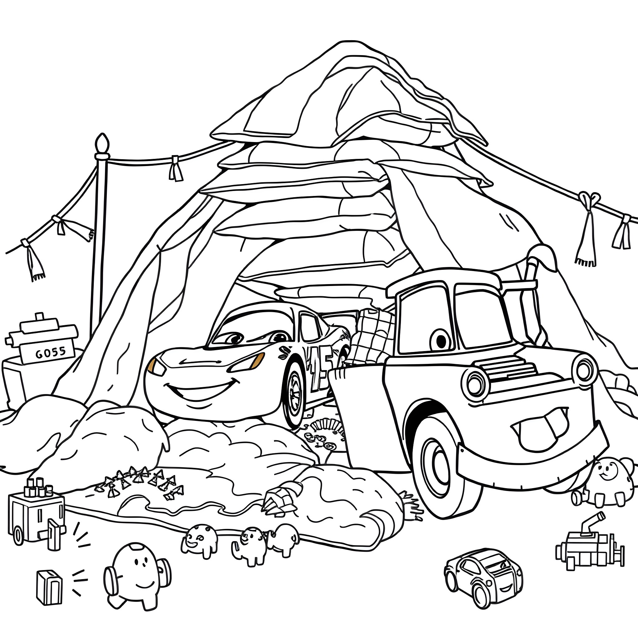 Lightning McQueen and Mater's Camping Adventure Coloring Page (free black-and-white line drawing printable PDF for all, from beginners to advanced learners, including children, teens, adults, and seniors)