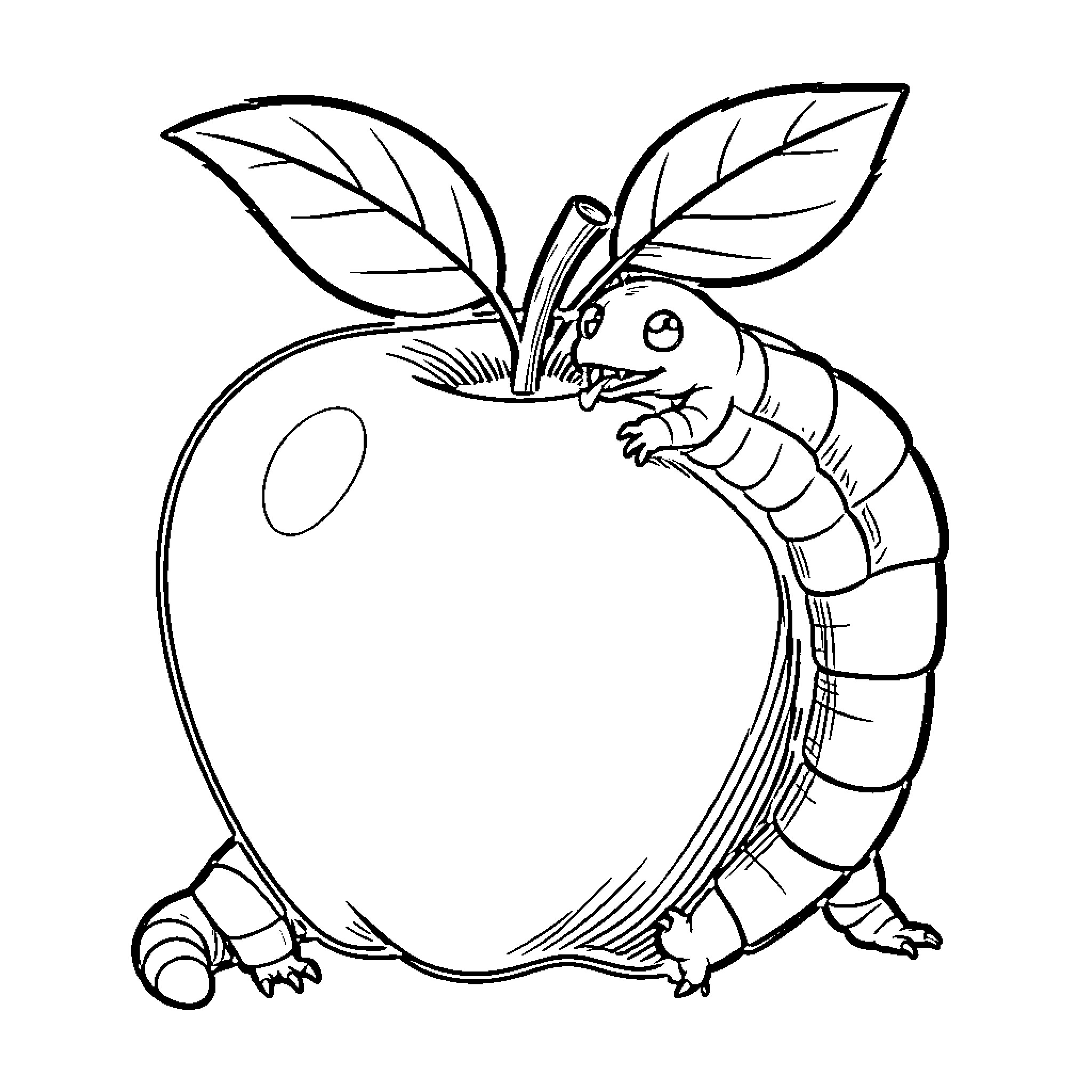 Worm crawling playfully on an apple Coloring Page (free black-and-white line drawing printable PDF for all, from beginners to advanced learners, including children, teens, adults, and seniors)