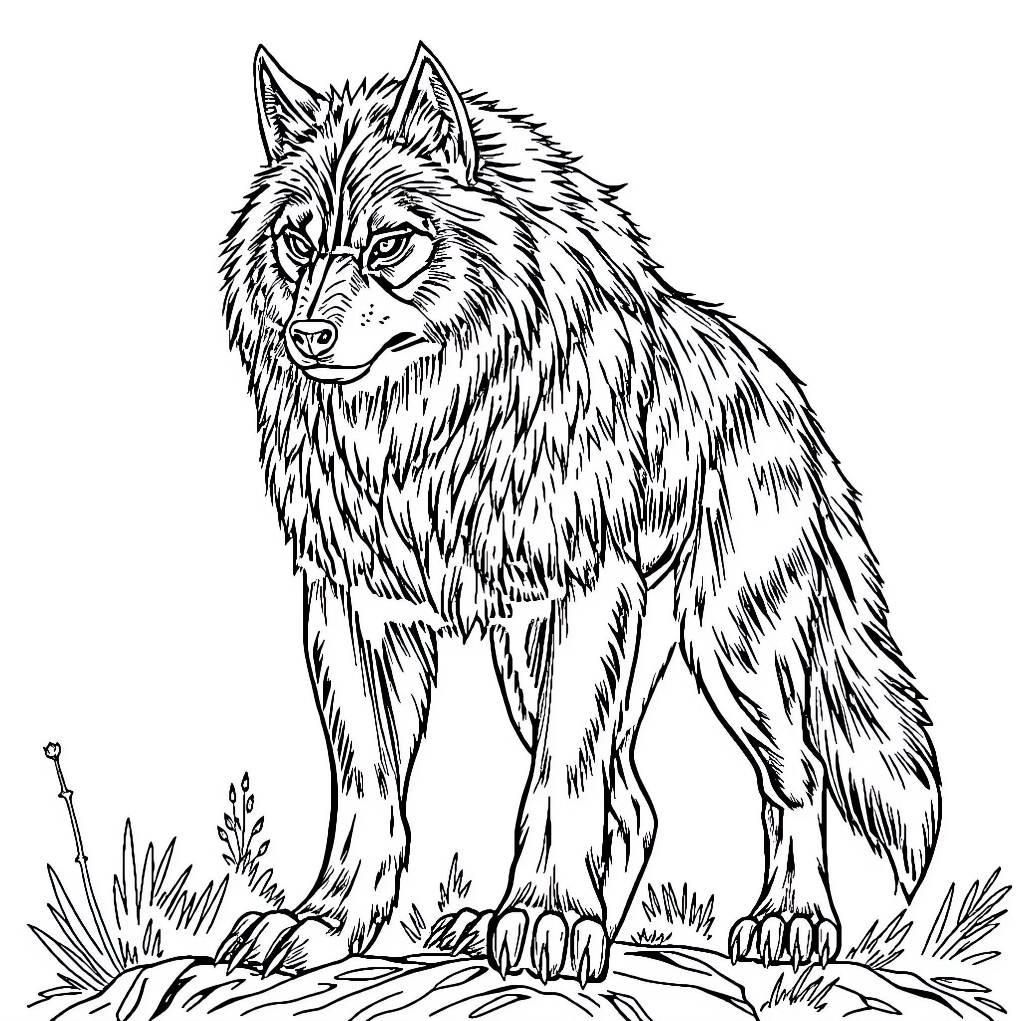 Werewolf stalking through the wilderness Coloring Page (free black-and-white line drawing printable PDF for all, from beginners to advanced learners, including children, teens, adults, and seniors)