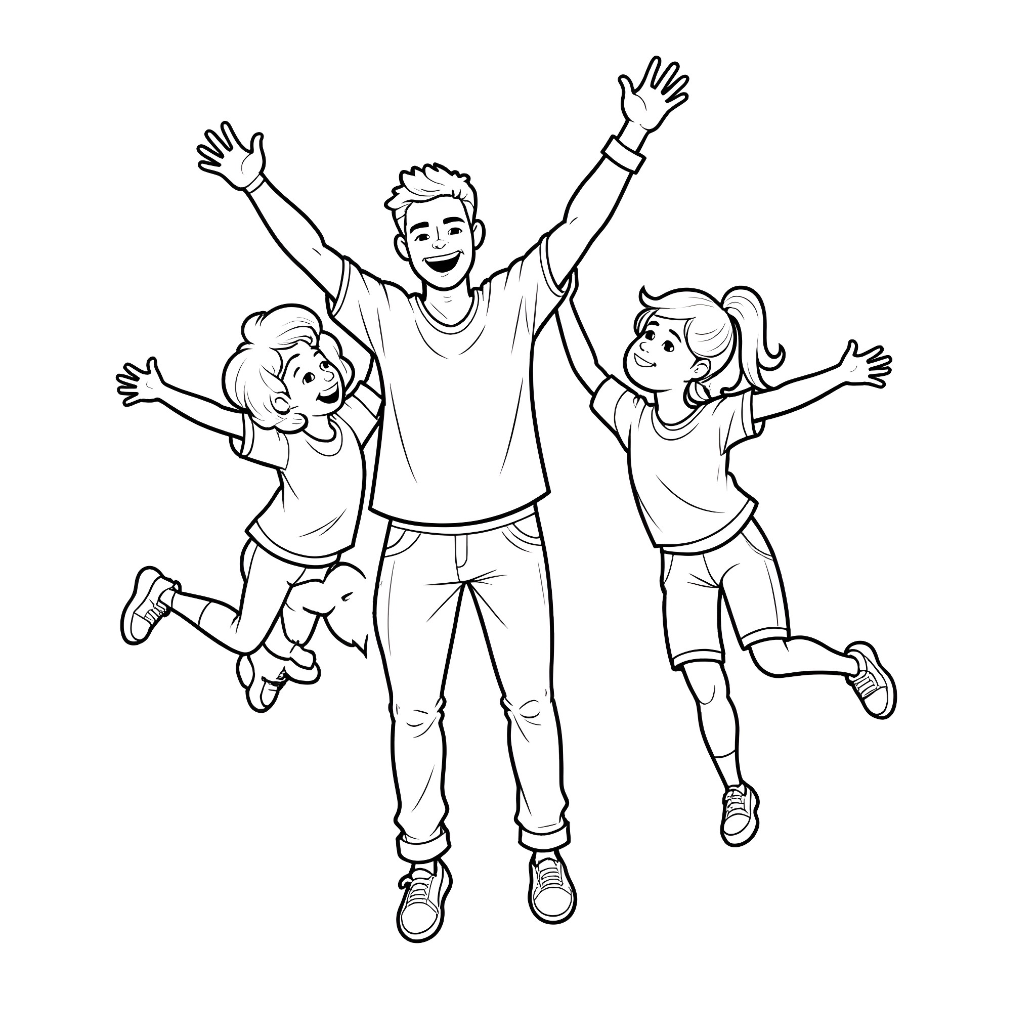 Father plays with joyful children Coloring Page (free black-and-white line drawing printable PDF for all, from beginners to advanced learners, including children, teens, adults, and seniors)