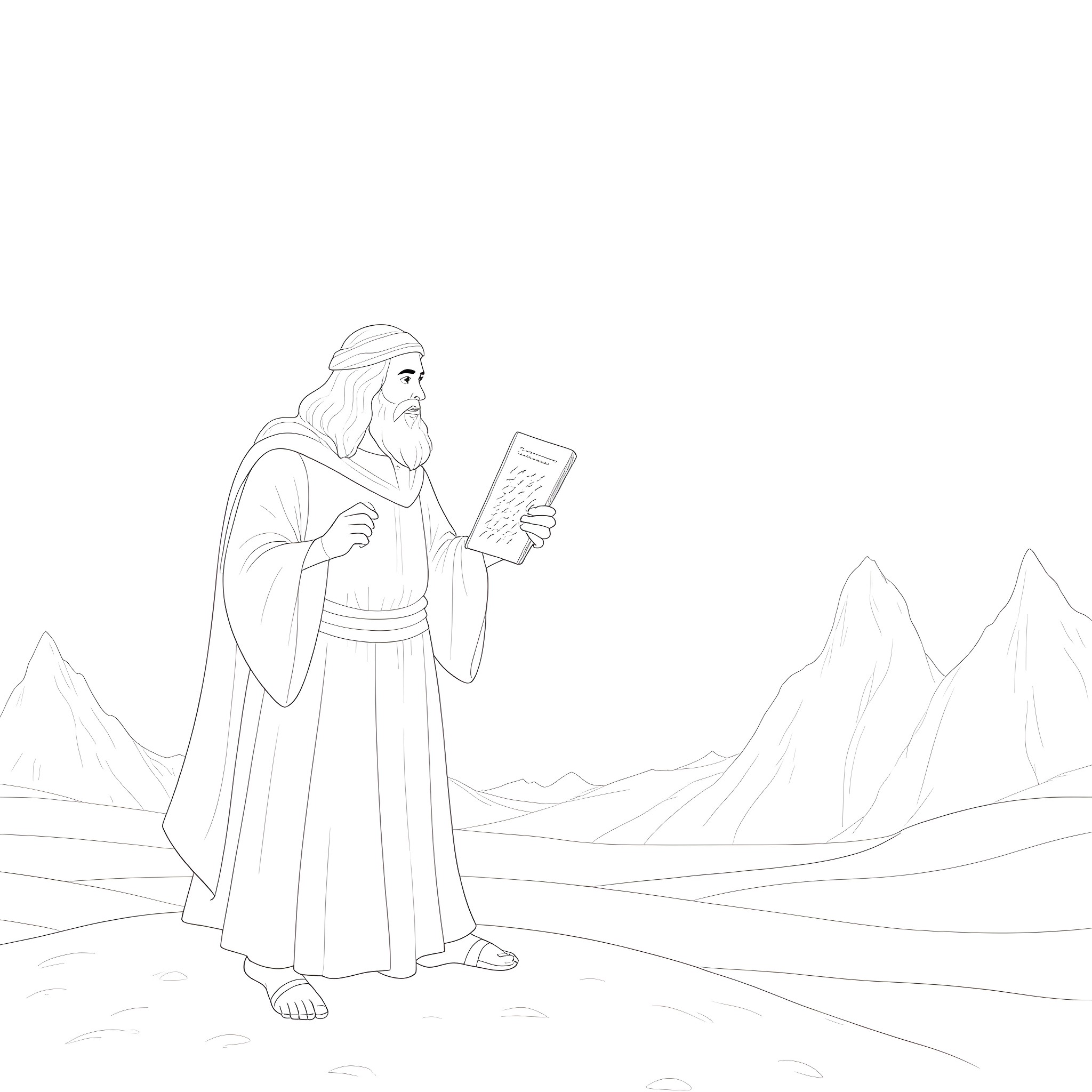 Moses Holding Tablet in Desert Landscape Coloring Page (free black-and-white line drawing printable PDF for all, from beginners to advanced learners, including children, teens, adults, and seniors)
