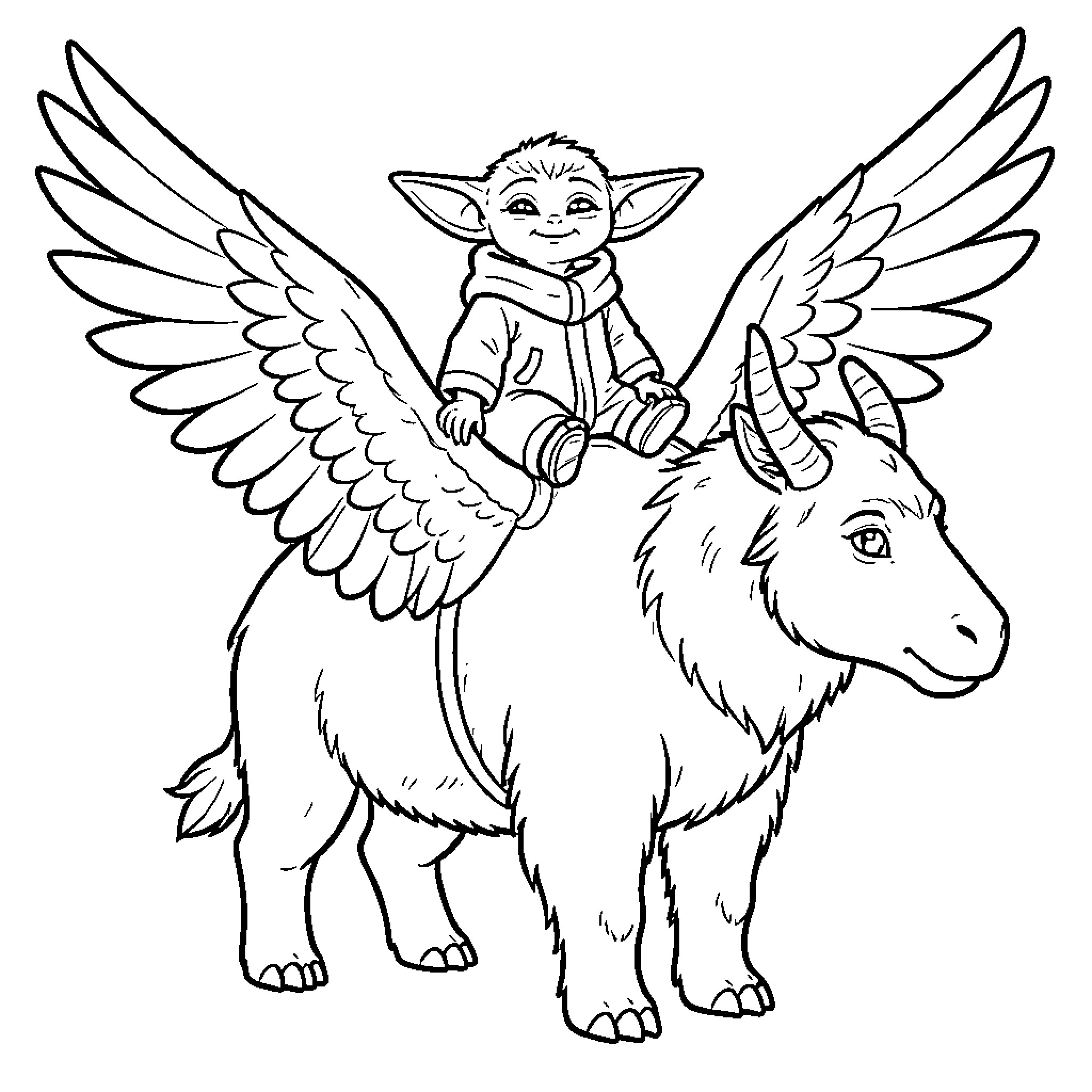 Grogu riding a large winged creature happily Coloring Page (free black-and-white line drawing printable PDF for all, from beginners to advanced learners, including children, teens, adults, and seniors)