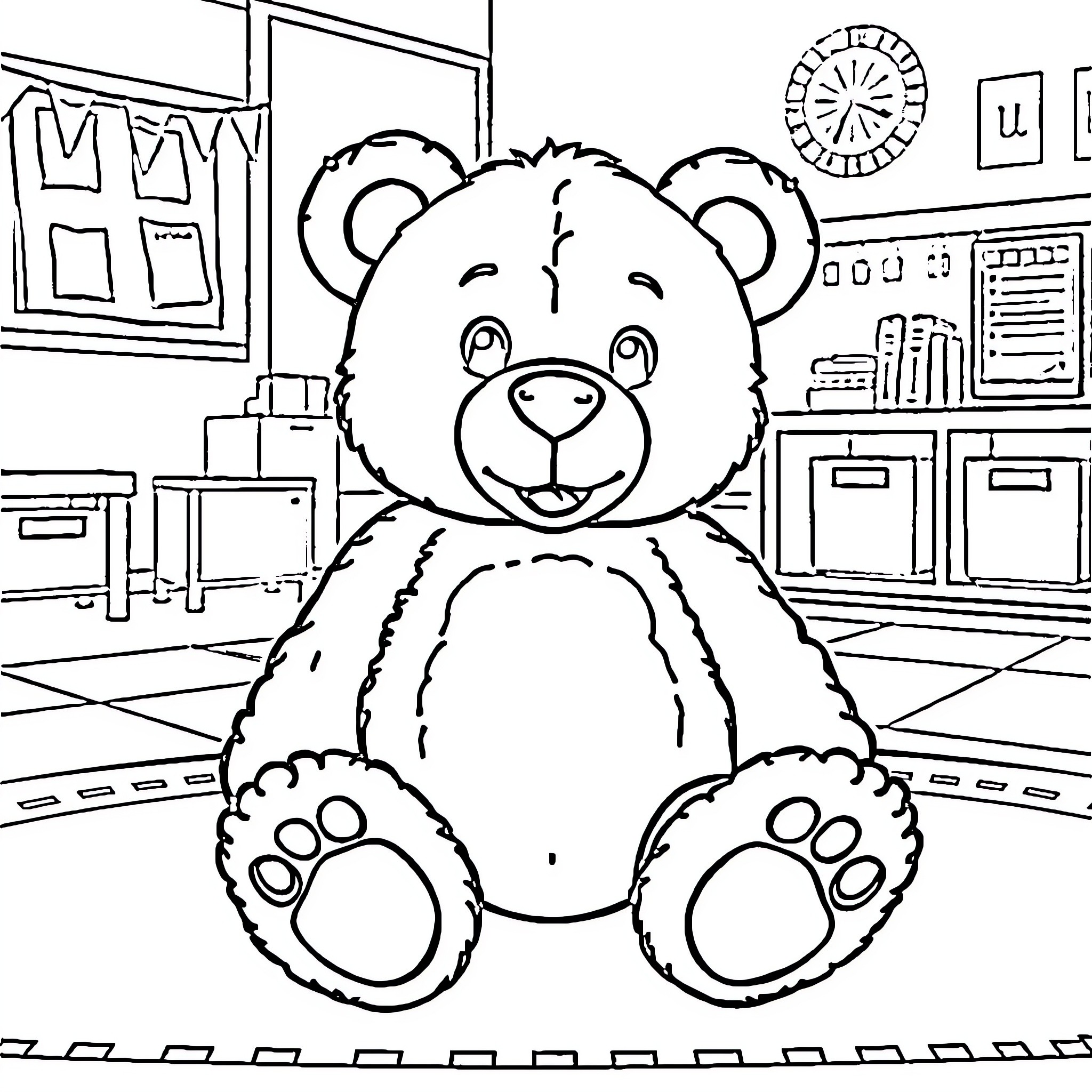 Teddy Bear in a Cozy Home Interior Coloring Page (free black-and-white line drawing printable PDF for all, from beginners to advanced learners, including children, teens, adults, and seniors)
