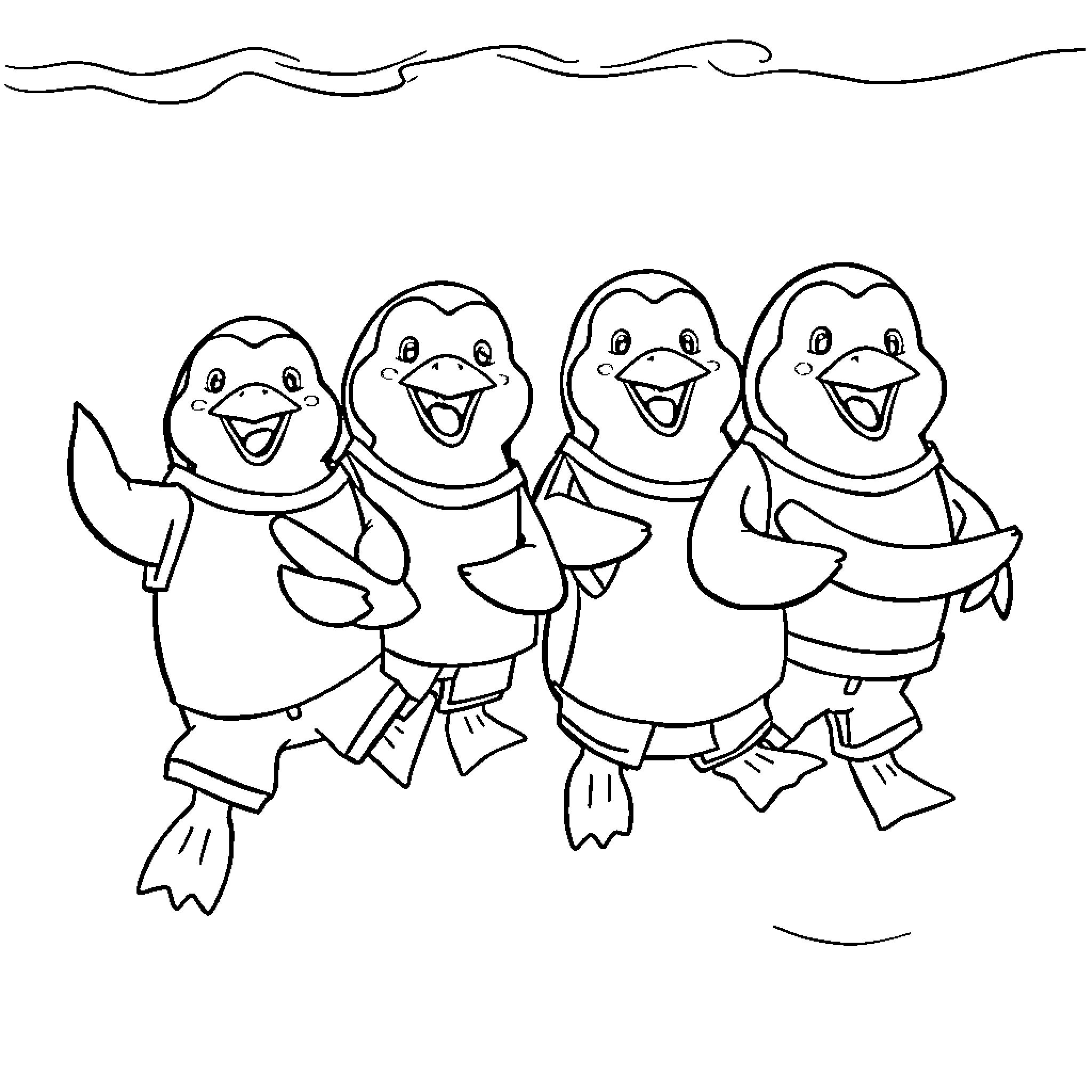 Penguin friends dancing happily Coloring Page (free black-and-white line drawing printable PDF for all, from beginners to advanced learners, including children, teens, adults, and seniors)