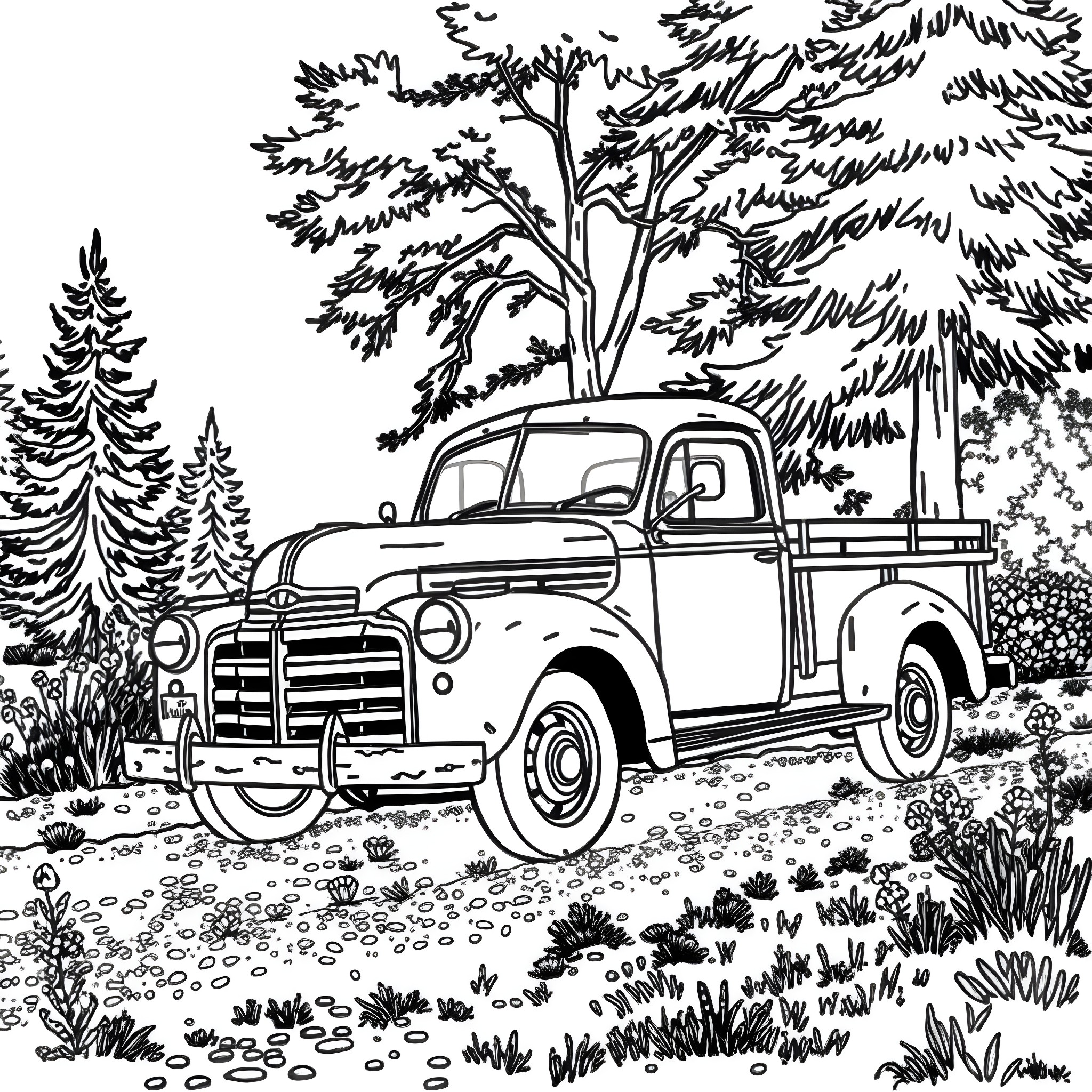 Truck parked in a serene forest landscape Coloring Page (free black-and-white line drawing printable PDF for all, from beginners to advanced learners, including children, teens, adults, and seniors)