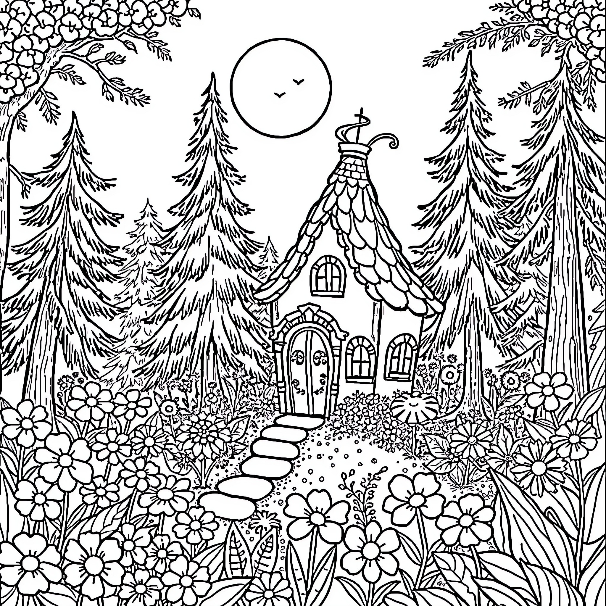 Fairy House in Enchanted Forest Coloring Page (free black-and-white line drawing printable PDF for all, from beginners to advanced learners, including children, teens, adults, and seniors)