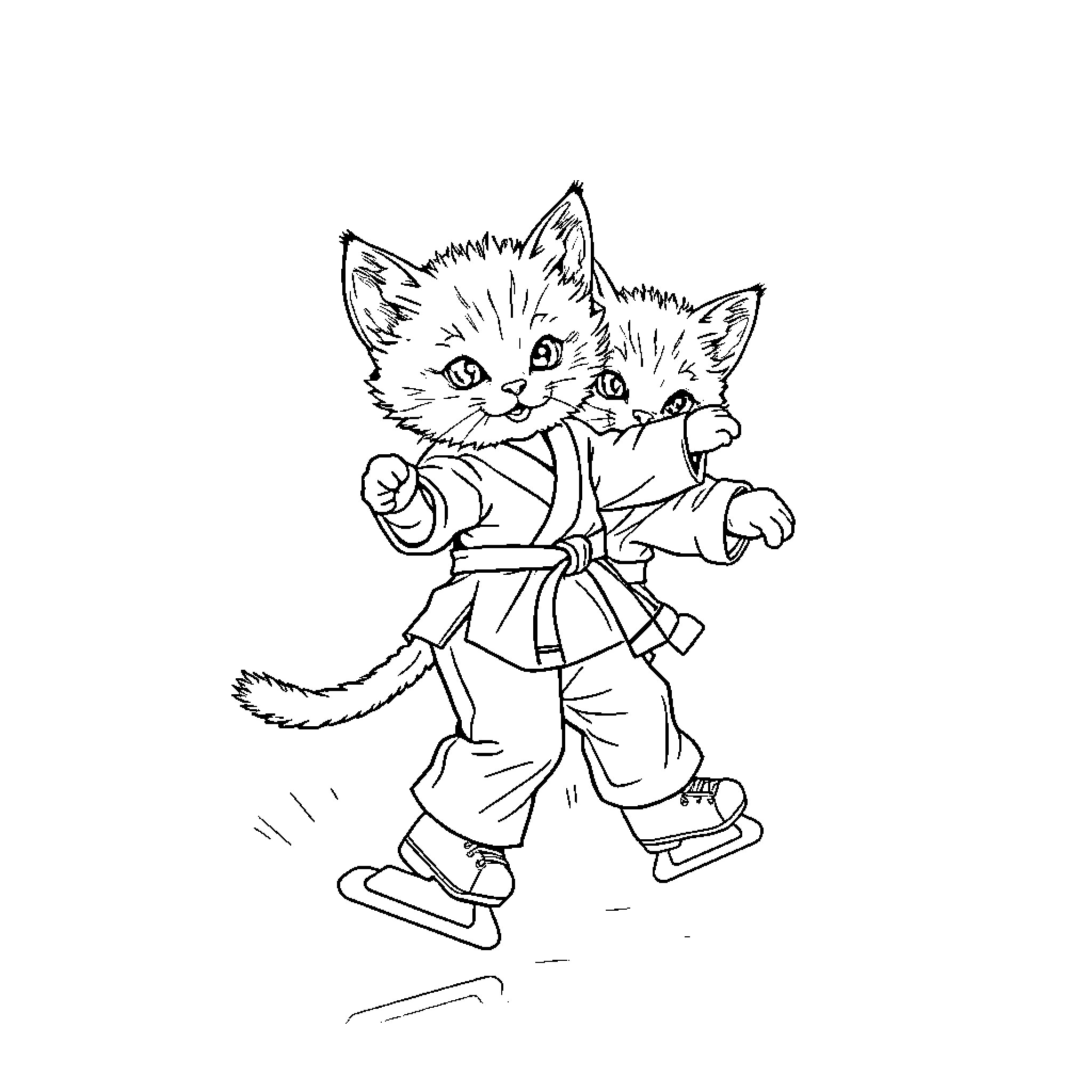 Kitten in martial arts attire practicing moves Coloring Page (free black-and-white line drawing printable PDF for all, from beginners to advanced learners, including children, teens, adults, and seniors)