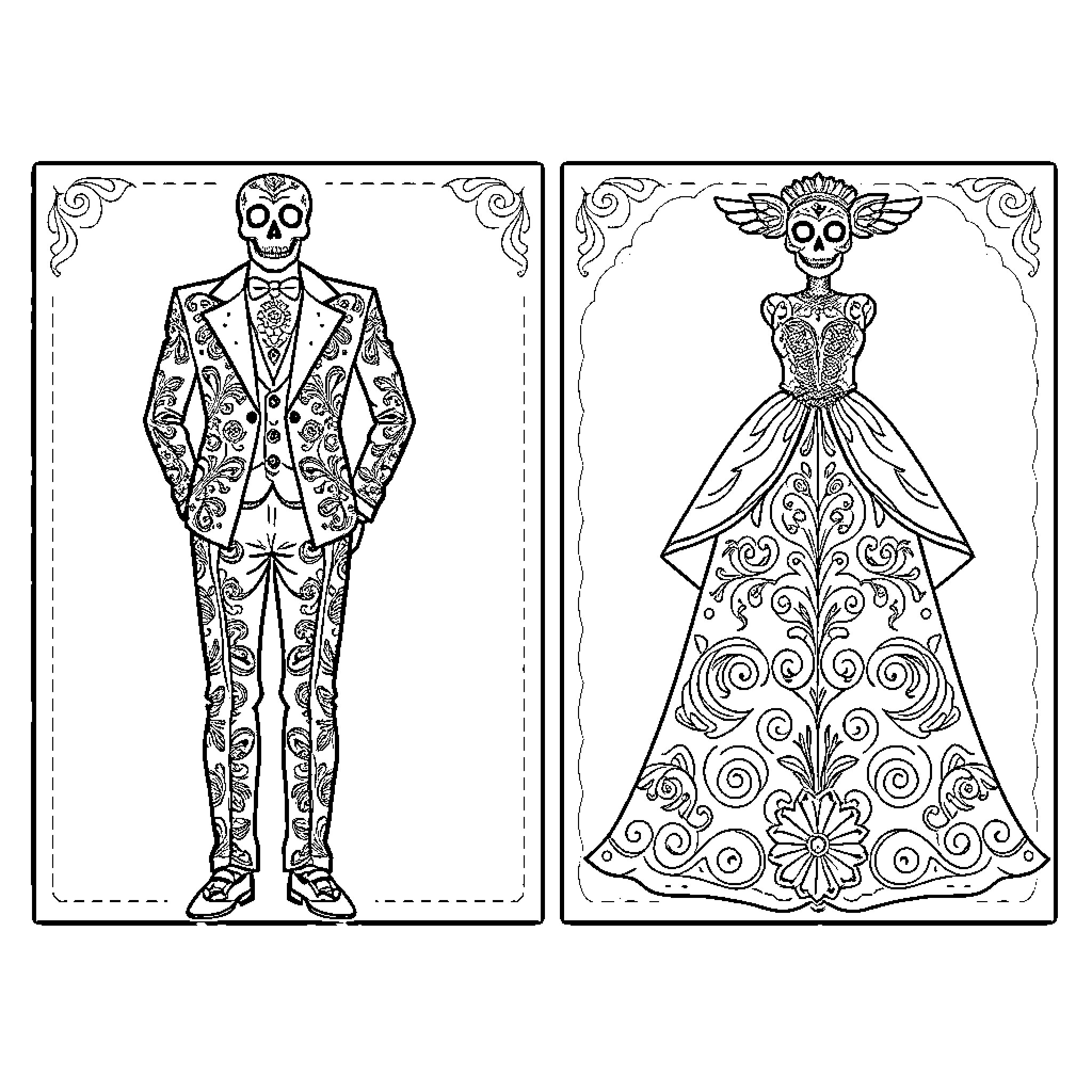 Day of the Dead - Elaborately Dressed Figures Coloring Page (free black-and-white line drawing printable PDF for all, from beginners to advanced learners, including children, teens, adults, and seniors)