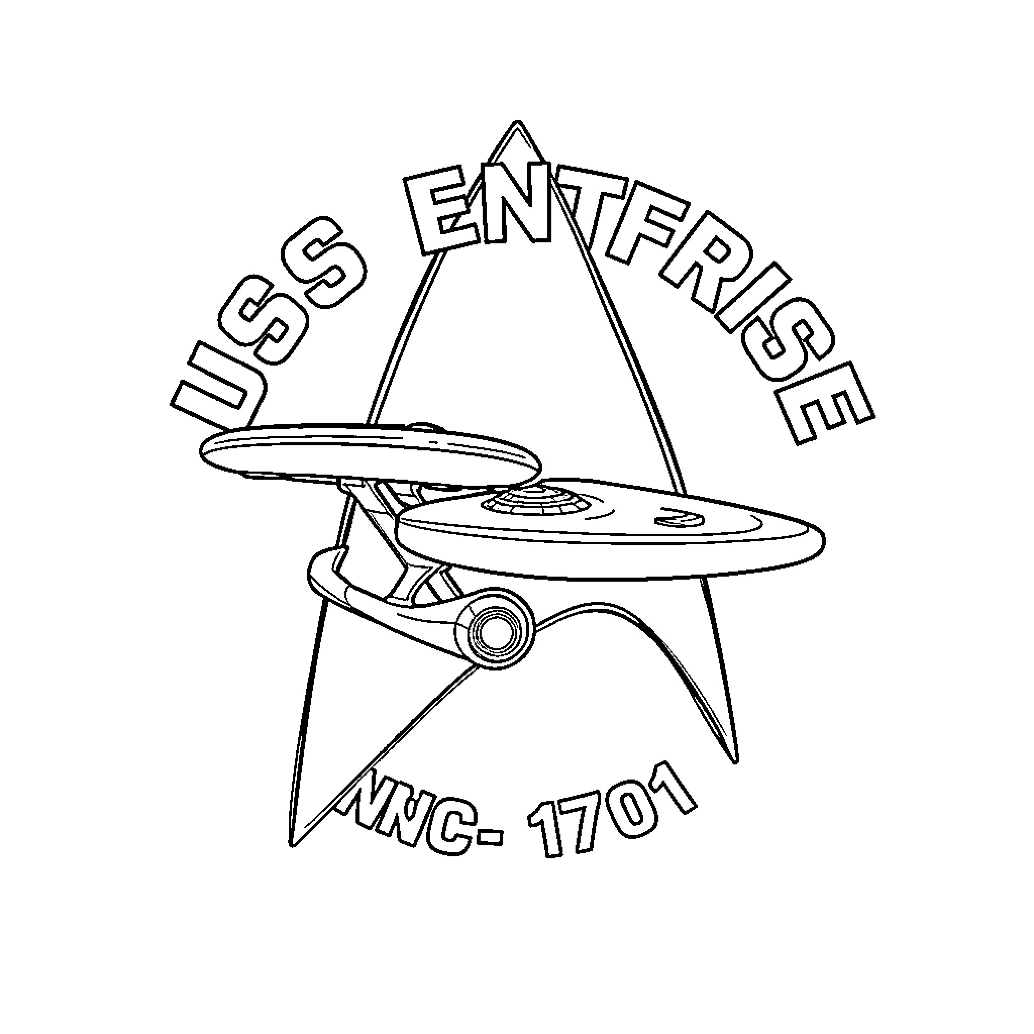 USS Enterprise starship with insignia Coloring Page (free black-and-white line drawing printable PDF for all, from beginners to advanced learners, including children, teens, adults, and seniors)