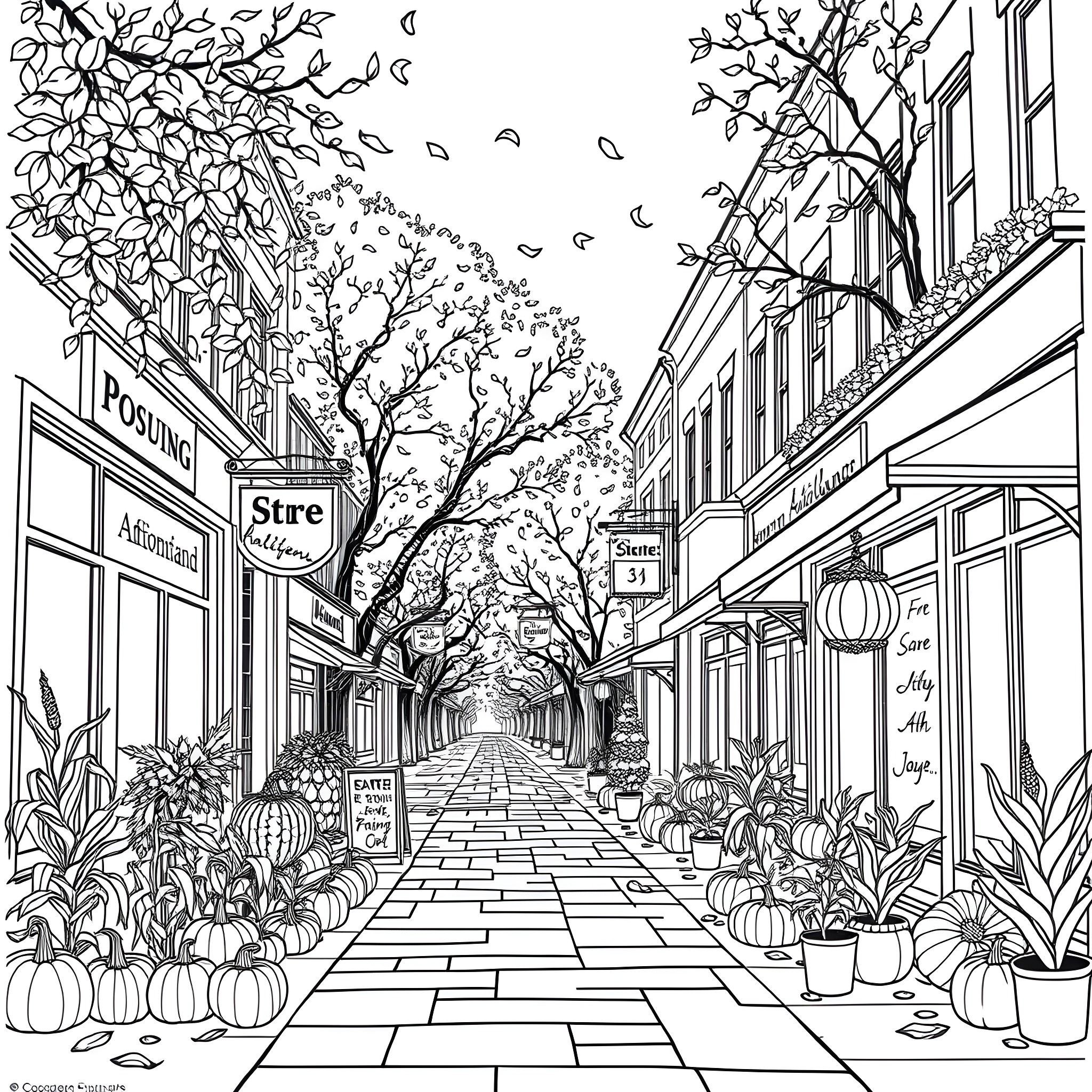 City street with trees, shops, and pedestrians Coloring Page (free black-and-white line drawing printable PDF for all, from beginners to advanced learners, including children, teens, adults, and seniors)