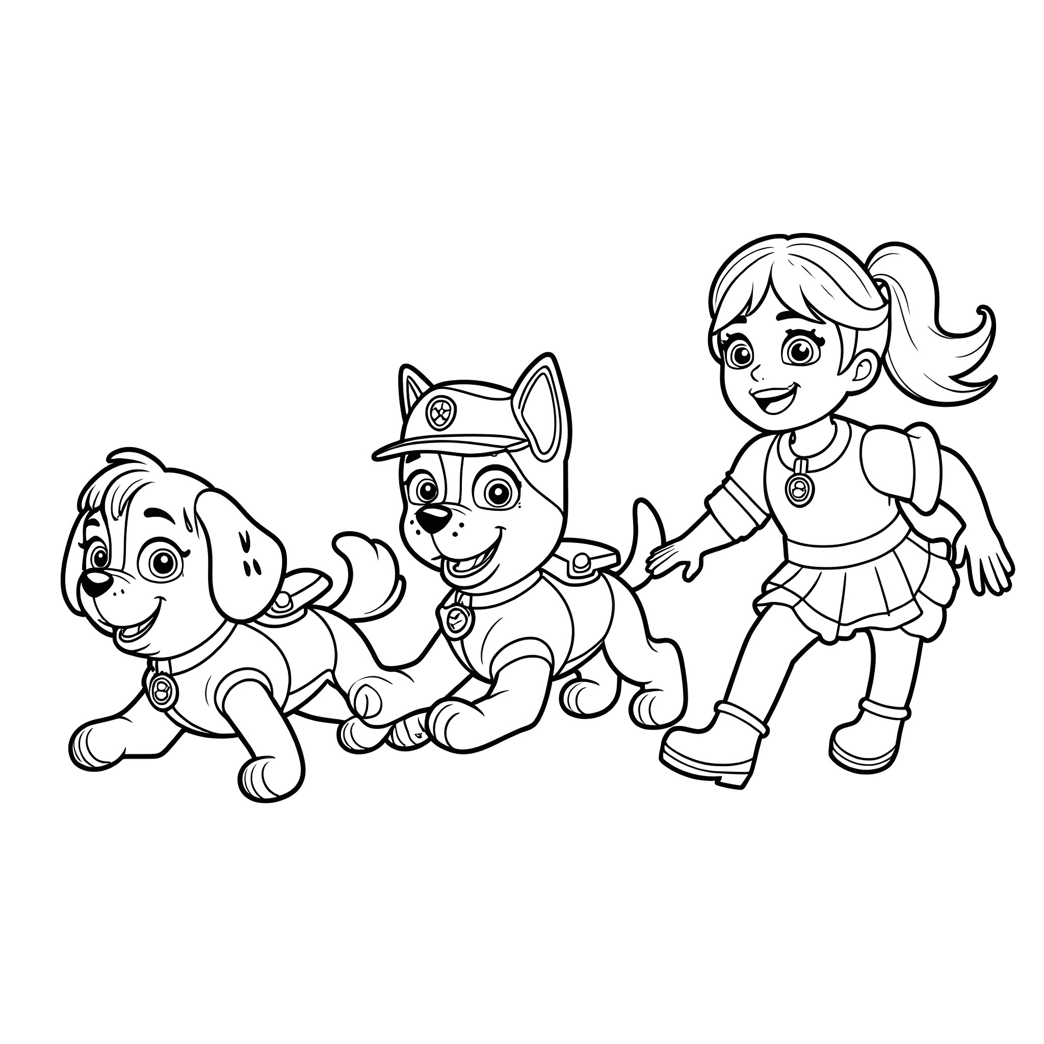Paw Patrol characters in playful poses Coloring Page (free black-and-white line drawing printable PDF for all, from beginners to advanced learners, including children, teens, adults, and seniors)