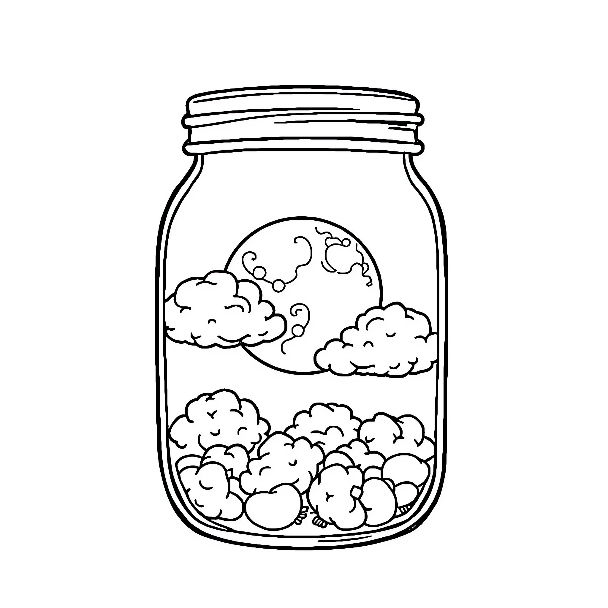 Jam Jar with Whimsical Clouds and Moon Coloring Page (free black-and-white line drawing printable PDF for all, from beginners to advanced learners, including children, teens, adults, and seniors)