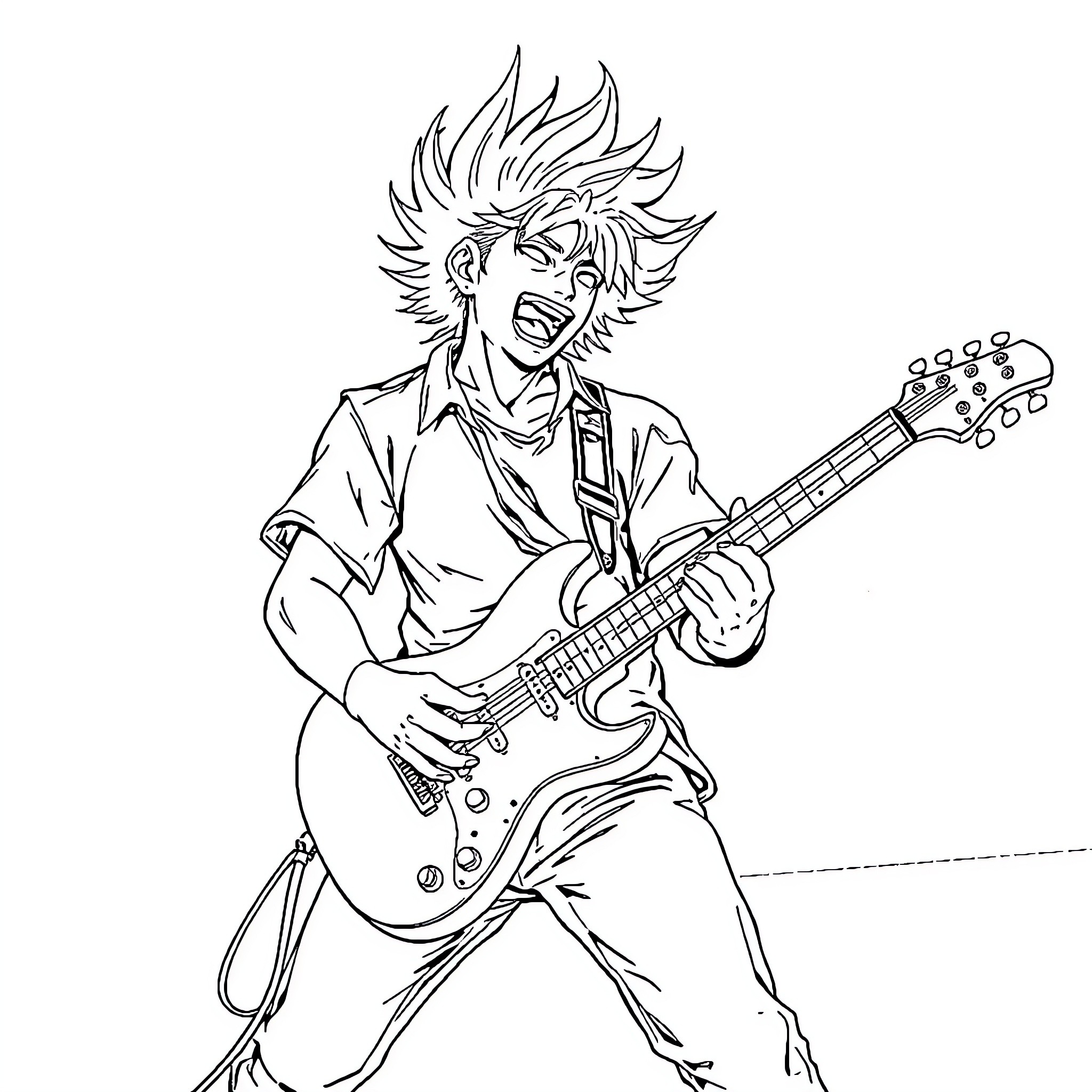 Inosuke Rocking Out with Electric Guitar Coloring Page (free black-and-white line drawing printable PDF for all, from beginners to advanced learners, including children, teens, adults, and seniors)