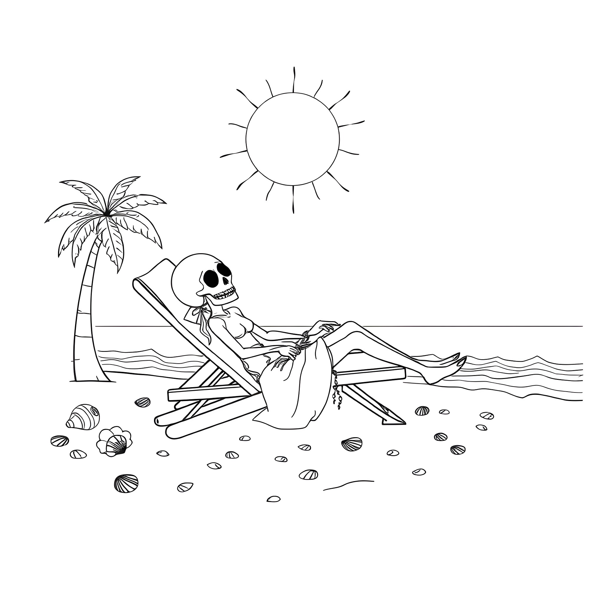 Lady Death relaxing on the beach Coloring Page (free black-and-white line drawing printable PDF for all, from beginners to advanced learners, including children, teens, adults, and seniors)