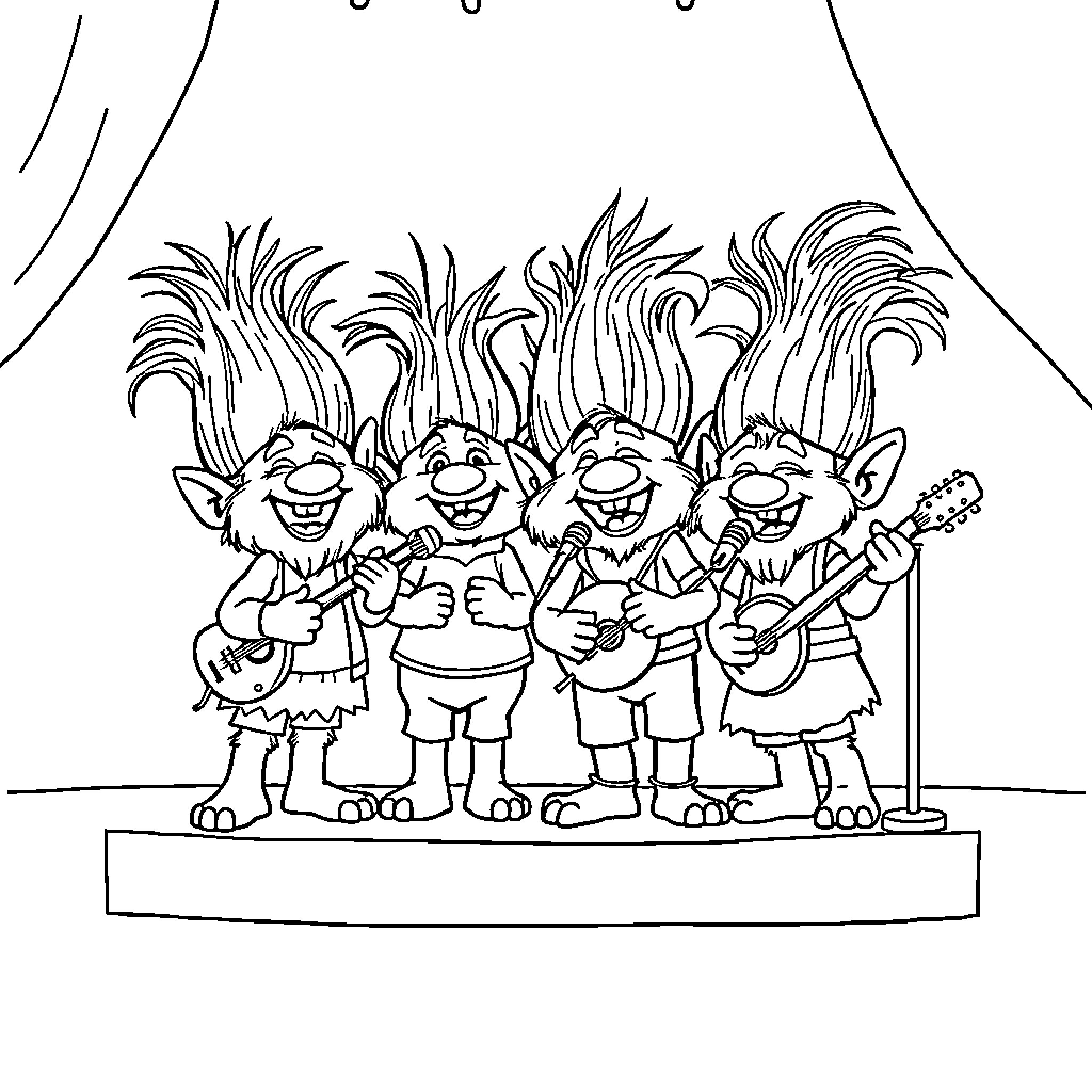 Troll band performing on stage with musical instruments Coloring Page (free black-and-white line drawing printable PDF for all, from beginners to advanced learners, including children, teens, adults, and seniors)