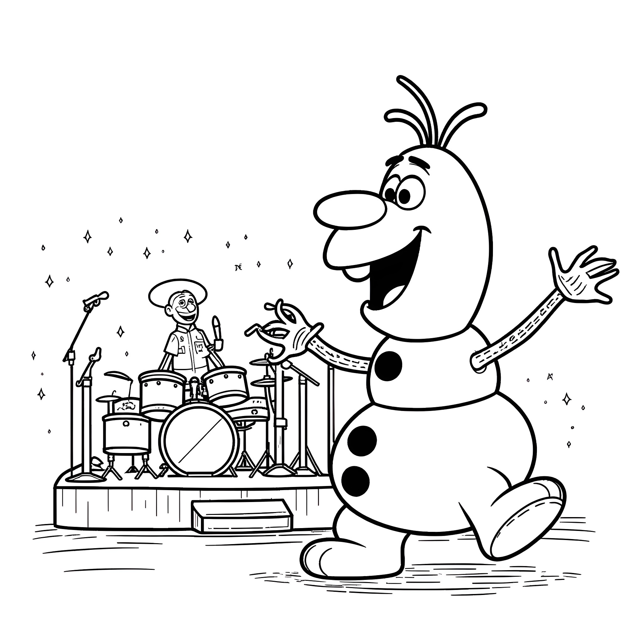 Olaf rocking out on the drums with musician friend Coloring Page (free black-and-white line drawing printable PDF for all, from beginners to advanced learners, including children, teens, adults, and seniors)