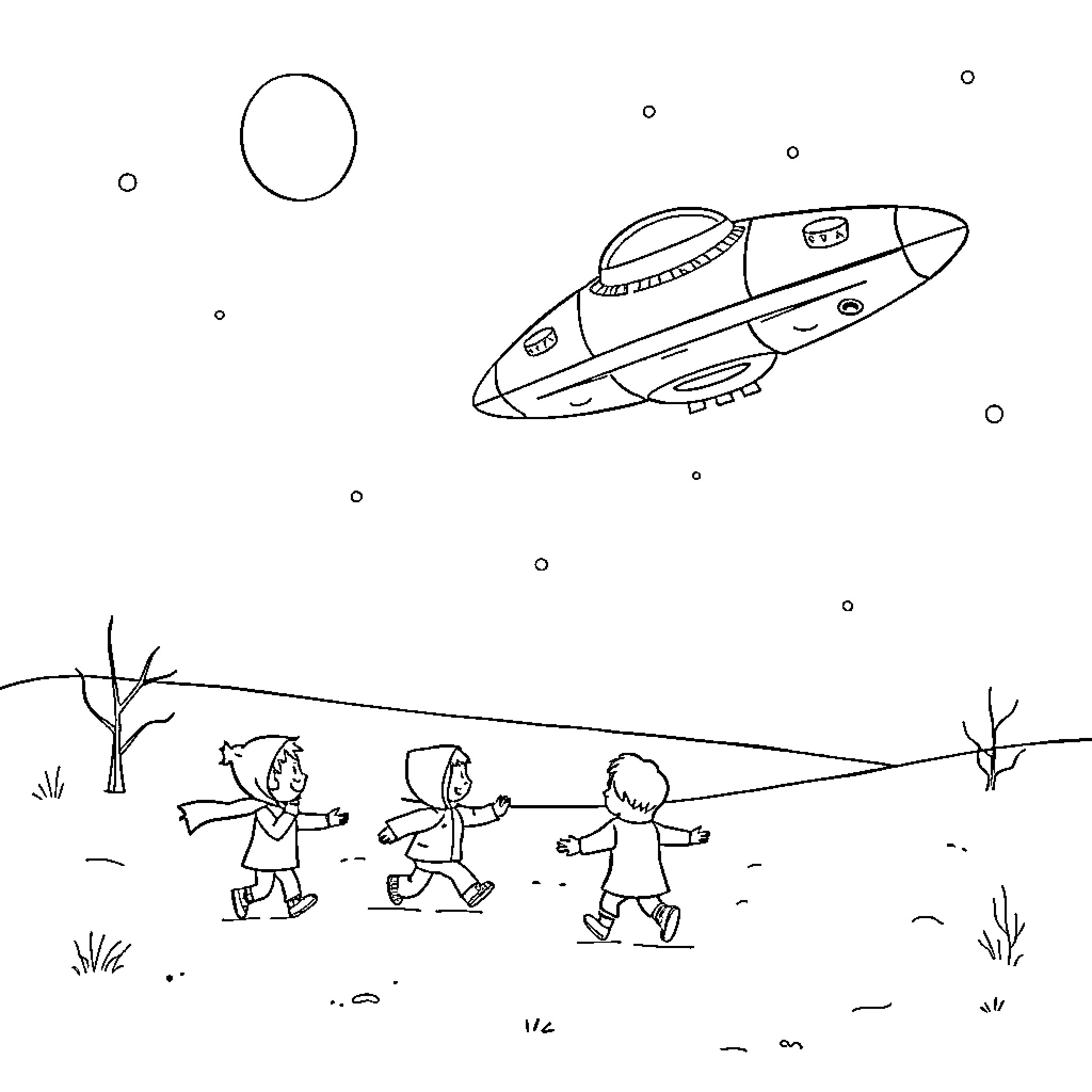 Kid exploring space with friends Coloring Page (free black-and-white line drawing printable PDF for all, from beginners to advanced learners, including children, teens, adults, and seniors)