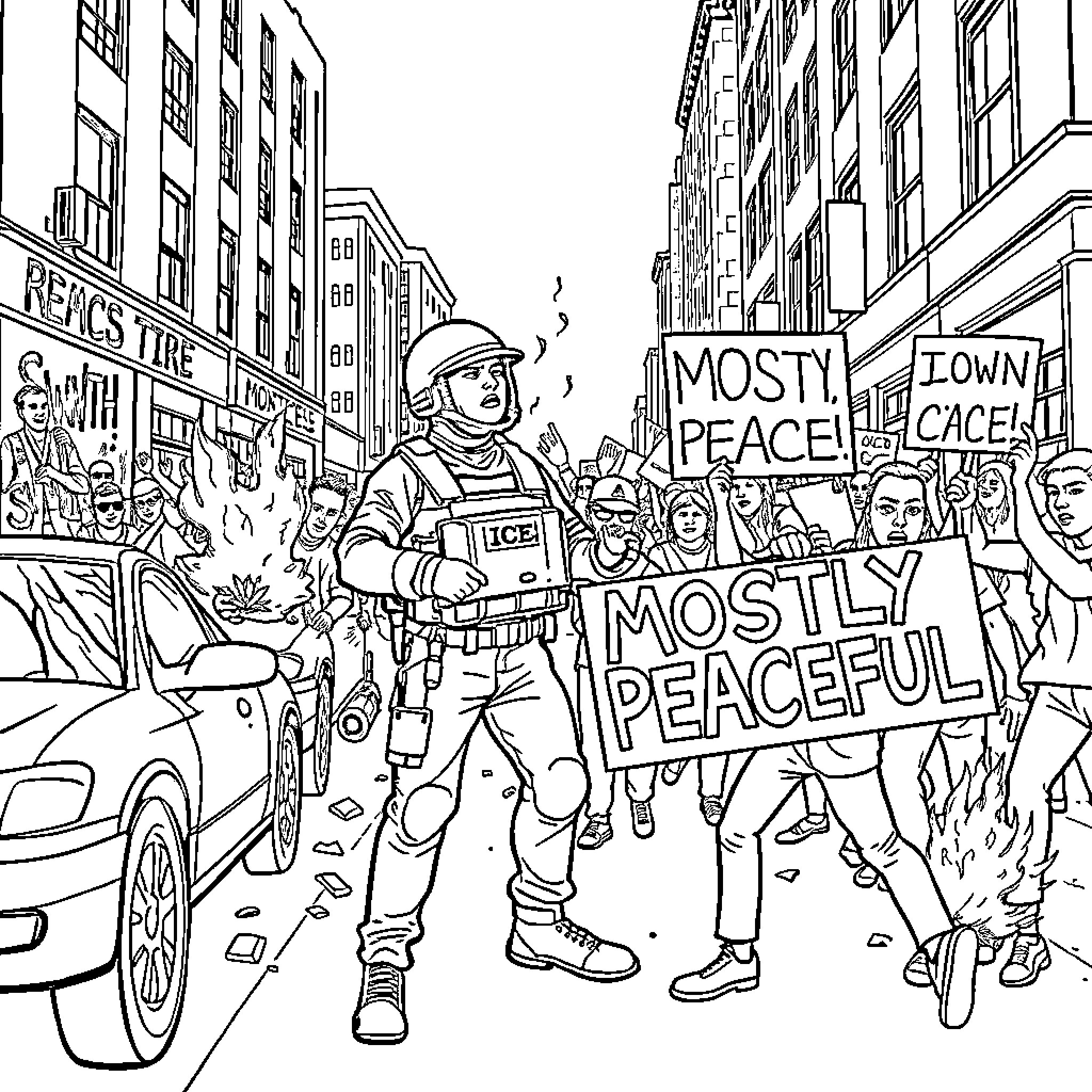 Protester march with signs and slogans in the city Coloring Page (free black-and-white line drawing printable PDF for all, from beginners to advanced learners, including children, teens, adults, and seniors)