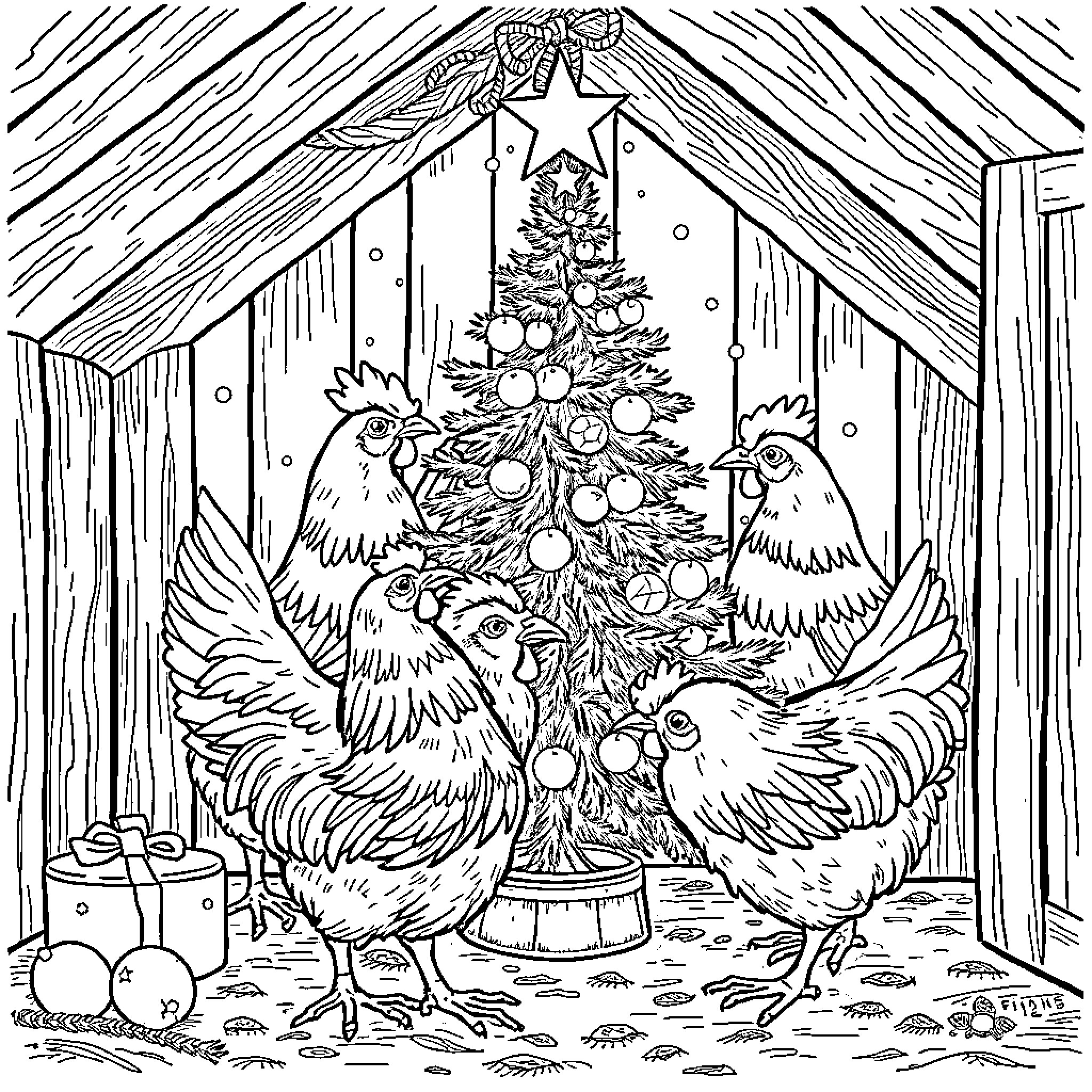 Chicken Christmas Celebration with Tree Coloring Page (free black-and-white line drawing printable PDF for all, from beginners to advanced learners, including children, teens, adults, and seniors)