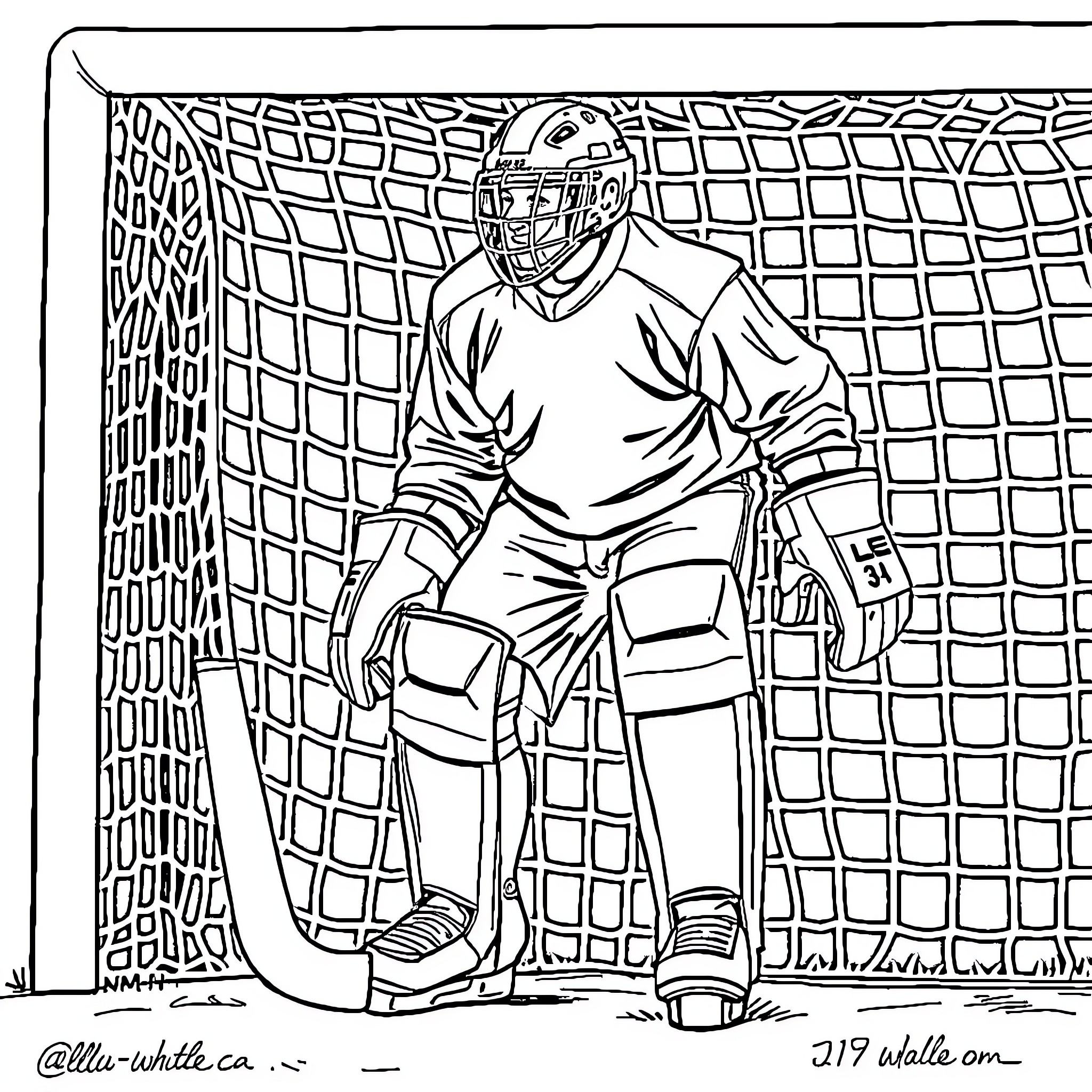 Goalie protecting the net with determination Coloring Page (free black-and-white line drawing printable PDF for all, from beginners to advanced learners, including children, teens, adults, and seniors)