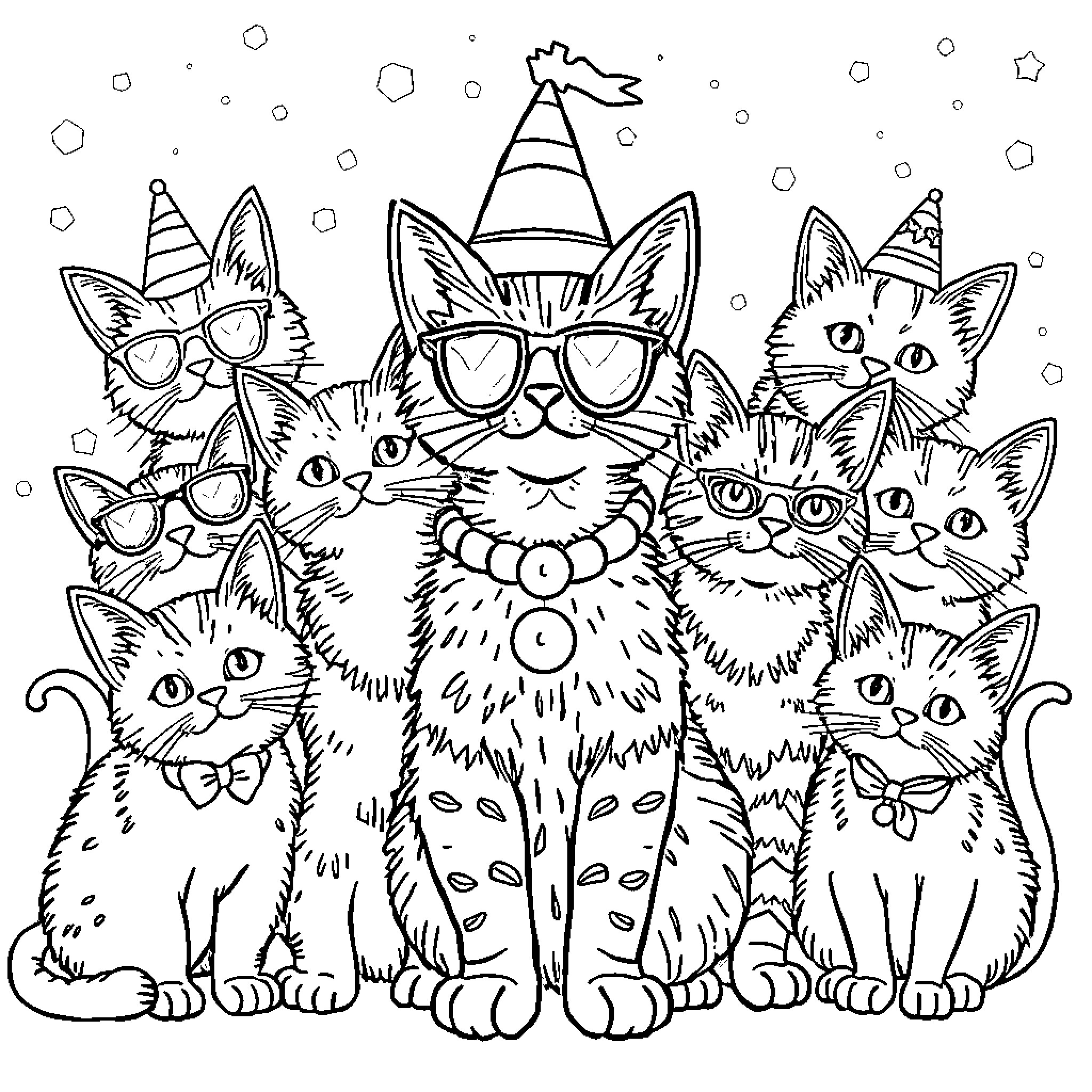 Cat party with festive hats and glasses Coloring Page (free black-and-white line drawing printable PDF for all, from beginners to advanced learners, including children, teens, adults, and seniors)