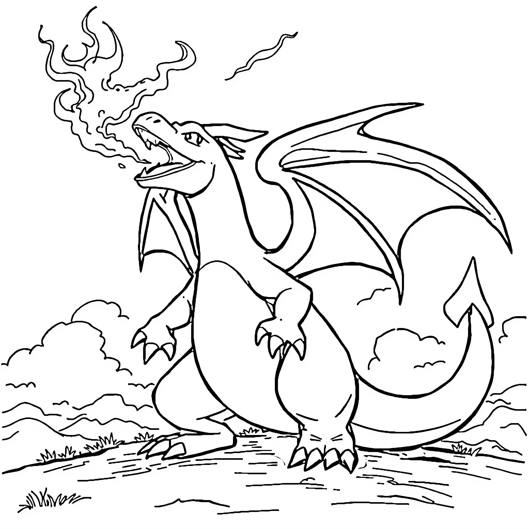Charizard Taking Flight in Dramatic Pose Coloring Page (free black-and-white line drawing printable PDF for all, from beginners to advanced learners, including children, teens, adults, and seniors)