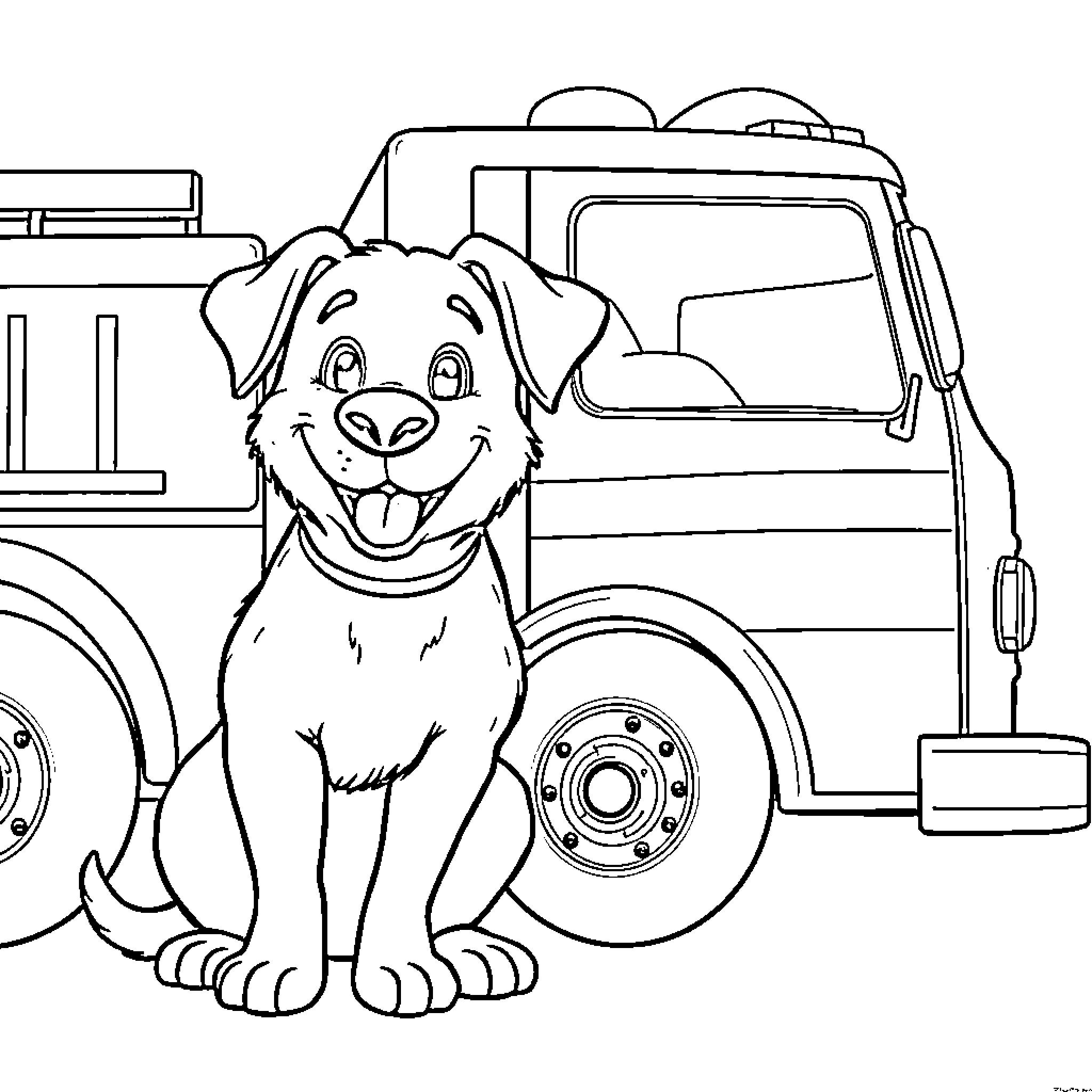 Dog Happily Sits Near Firetruck Coloring Page (free black-and-white line drawing printable PDF for all, from beginners to advanced learners, including children, teens, adults, and seniors)