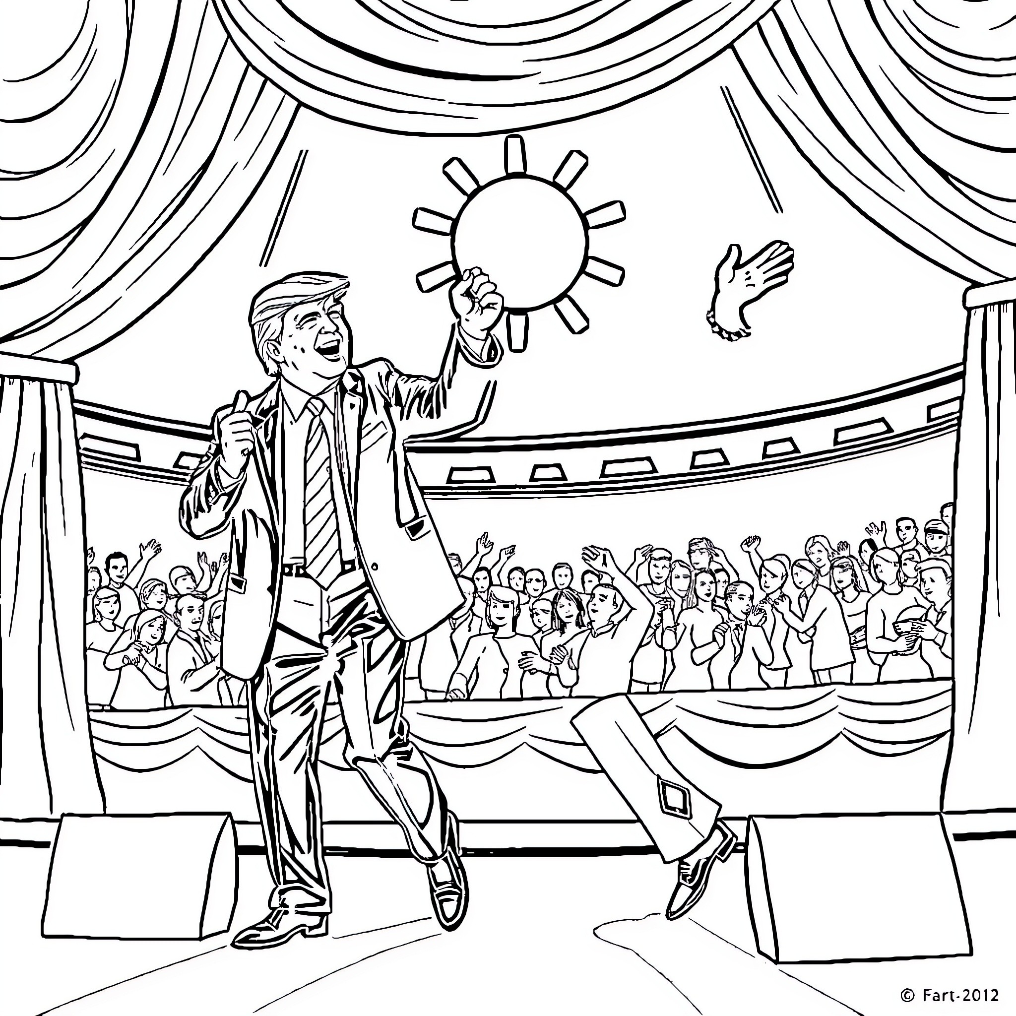 Trump Entertaining Crowd with Enthusiasm Coloring Page (free black-and-white line drawing printable PDF for all, from beginners to advanced learners, including children, teens, adults, and seniors)