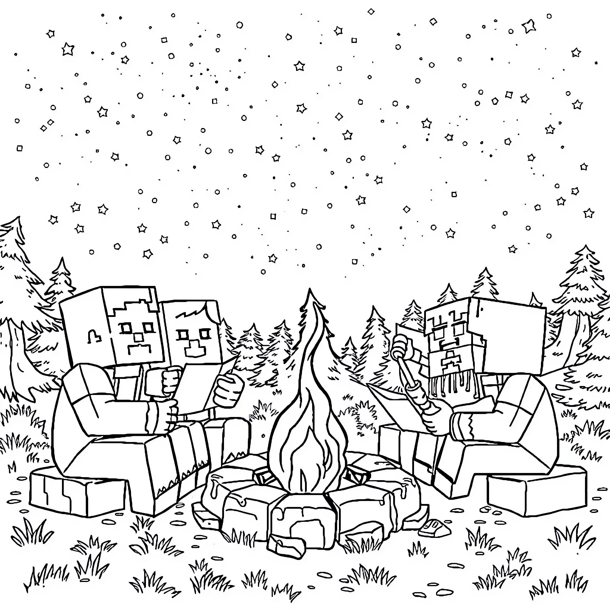 Minecraft Character Enjoying Campfire in Winter Wonderland Coloring Page (free black-and-white line drawing printable PDF for all, from beginners to advanced learners, including children, teens, adults, and seniors)