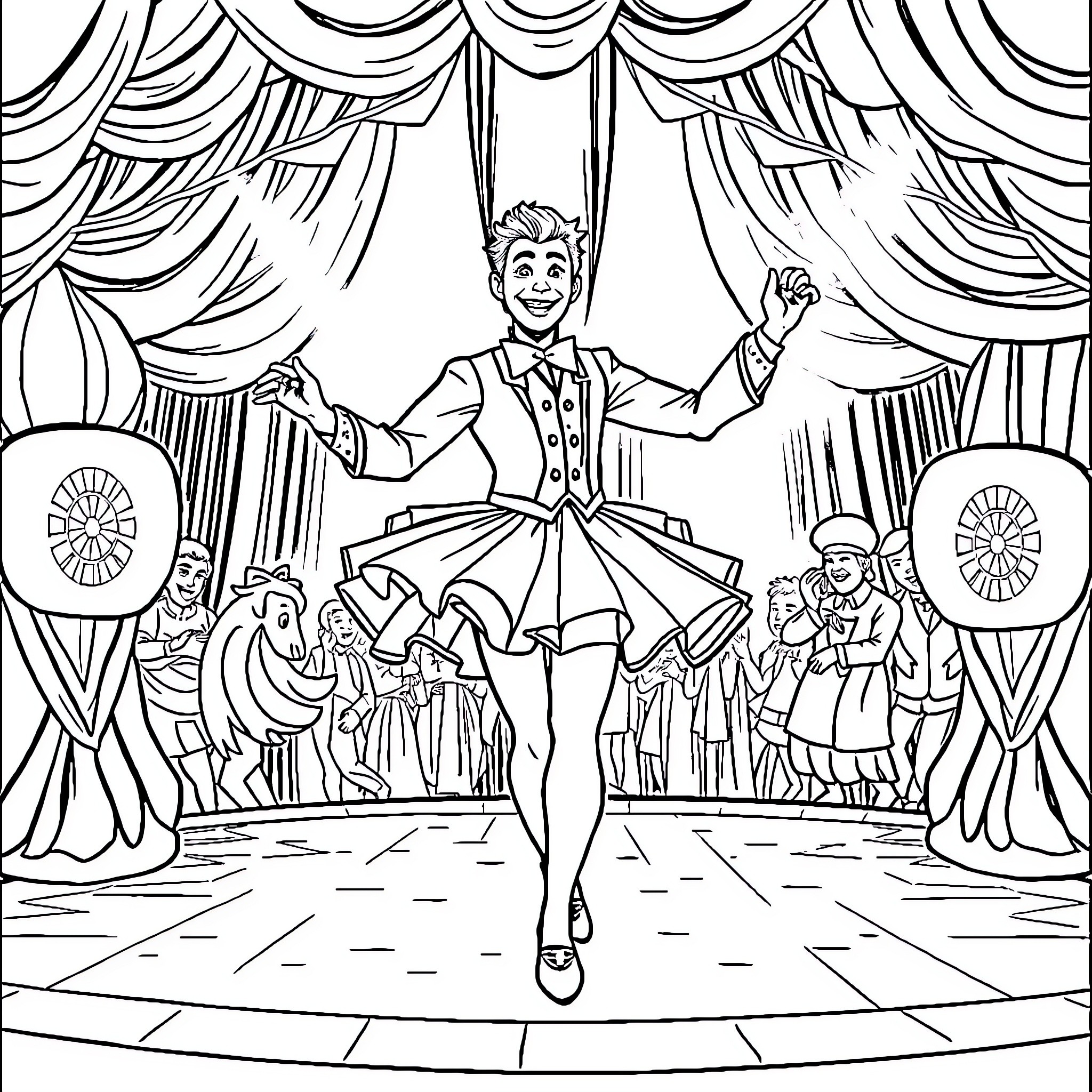 Fabien Galtier performing on stage with audience Coloring Page (free black-and-white line drawing printable PDF for all, from beginners to advanced learners, including children, teens, adults, and seniors)