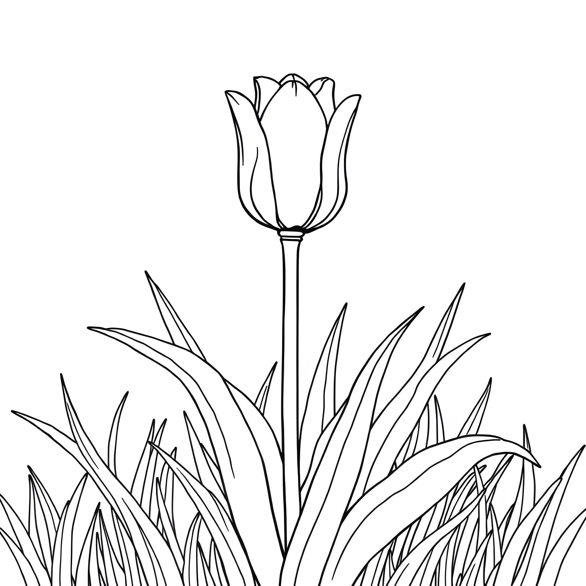Tulip blooming in a field of grass Coloring Page (free black-and-white line drawing printable PDF for all, from beginners to advanced learners, including children, teens, adults, and seniors)