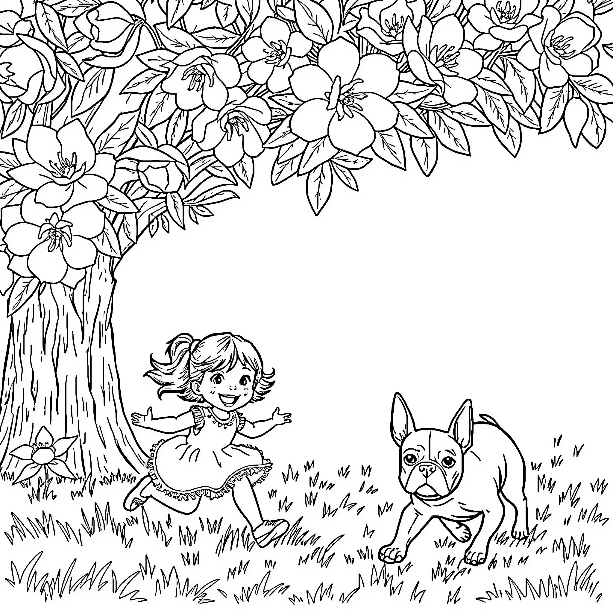 Girl Dancing With Puppy in Floral Garden Coloring Page (free black-and-white line drawing printable PDF for all, from beginners to advanced learners, including children, teens, adults, and seniors)