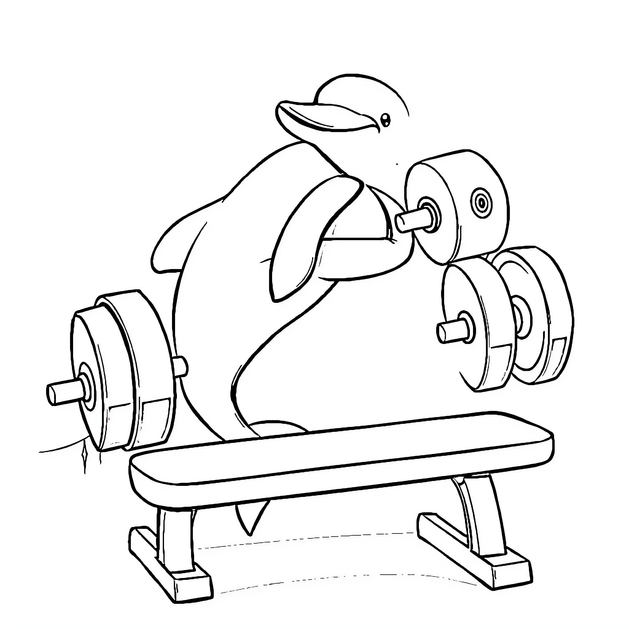 Dolphin lifting weights on exercise bench Coloring Page (free black-and-white line drawing printable PDF for all, from beginners to advanced learners, including children, teens, adults, and seniors)