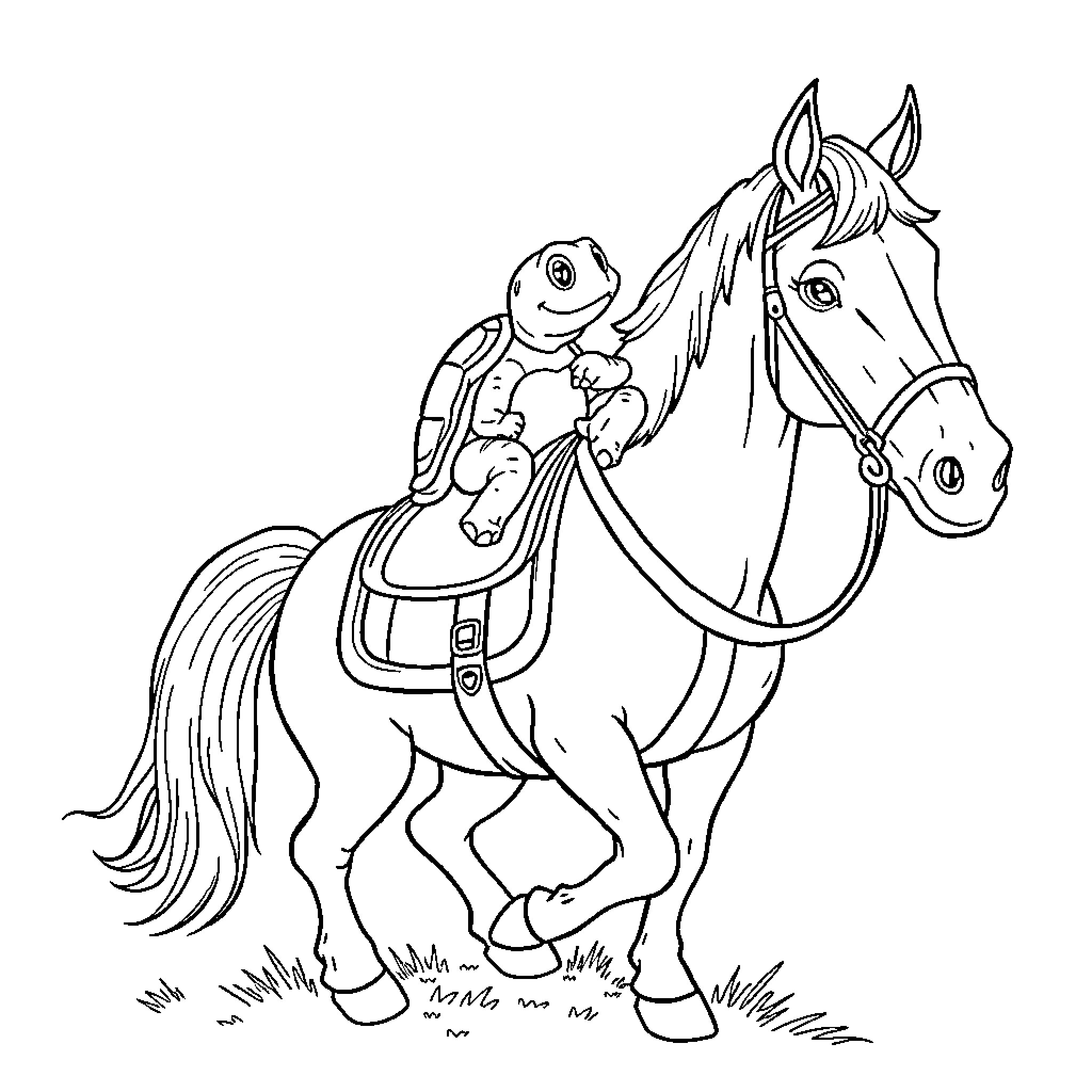 Turtle riding a horse in the meadow Coloring Page (free black-and-white line drawing printable PDF for all, from beginners to advanced learners, including children, teens, adults, and seniors)