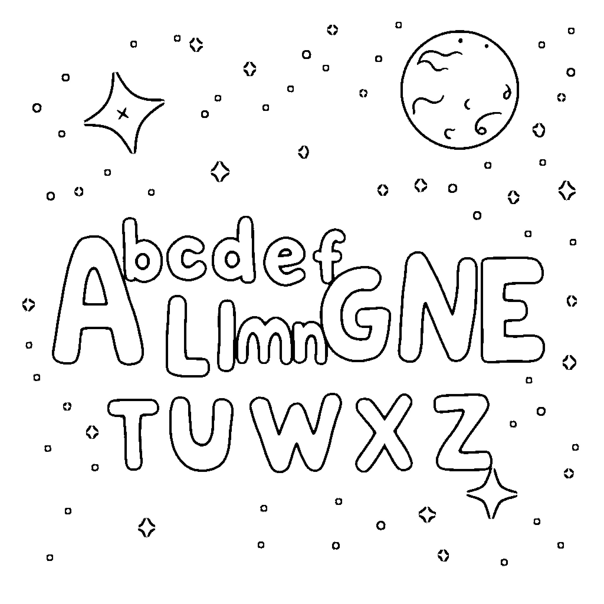 Alphabet letters with celestial elements Coloring Page (free black-and-white line drawing printable PDF for all, from beginners to advanced learners, including children, teens, adults, and seniors)