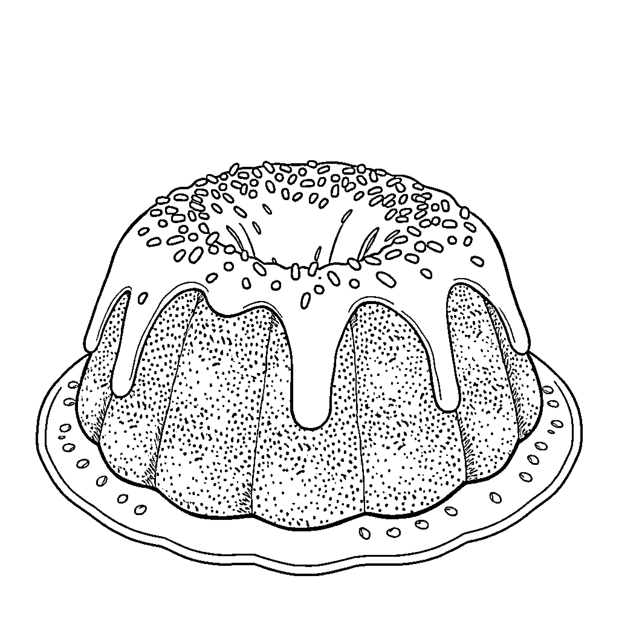 Bundt Cake with detailed surface texture Coloring Page (free black-and-white line drawing printable PDF for all, from beginners to advanced learners, including children, teens, adults, and seniors)