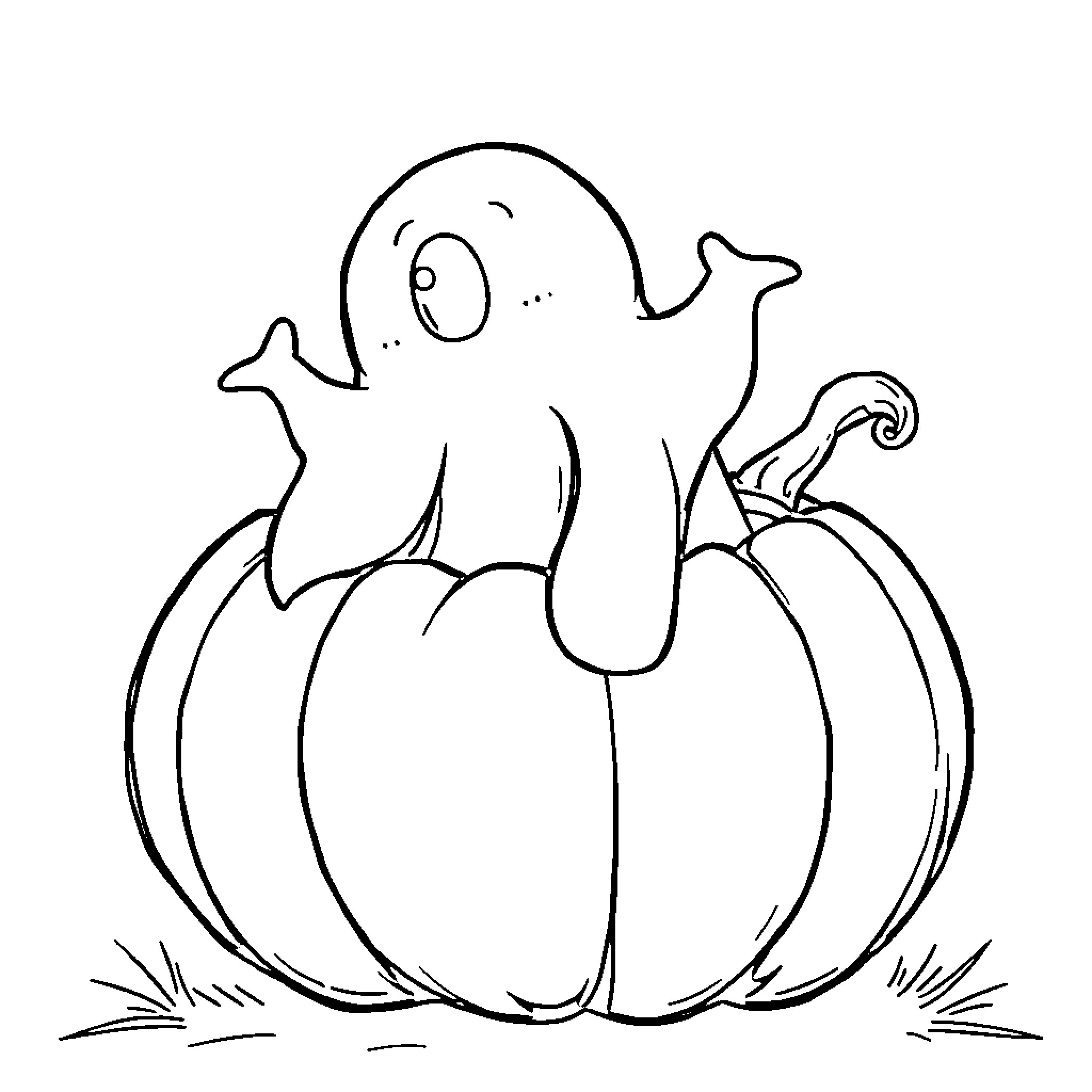 Ghost peeking out from pumpkin Coloring Page (free black-and-white line drawing printable PDF for all, from beginners to advanced learners, including children, teens, adults, and seniors)