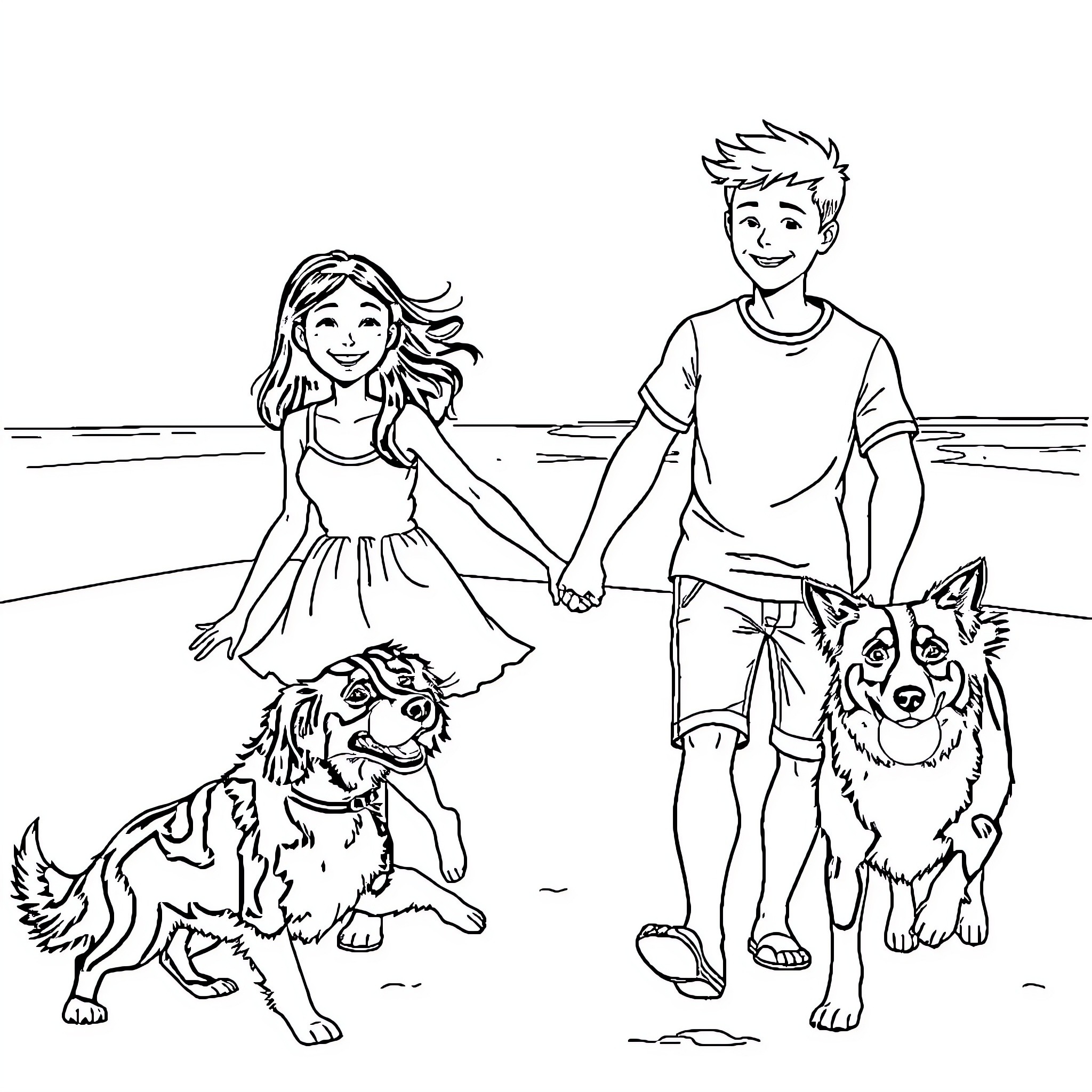 Girl and boy walking dogs on the beach Coloring Page (free black-and-white line drawing printable PDF for all, from beginners to advanced learners, including children, teens, adults, and seniors)