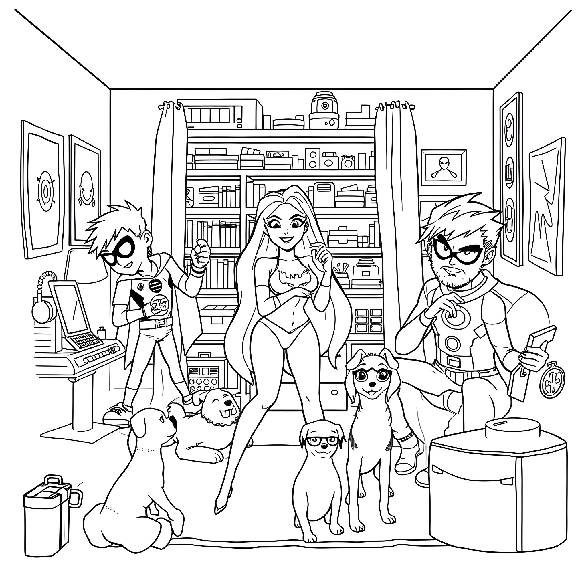Teen Titans in Lively Household Scene Coloring Page (free black-and-white line drawing printable PDF for all, from beginners to advanced learners, including children, teens, adults, and seniors)