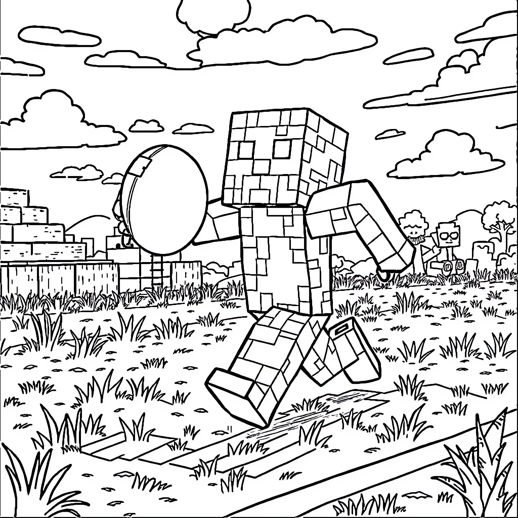 Creeper exploring the surreal landscape Coloring Page (free black-and-white line drawing printable PDF for all, from beginners to advanced learners, including children, teens, adults, and seniors)