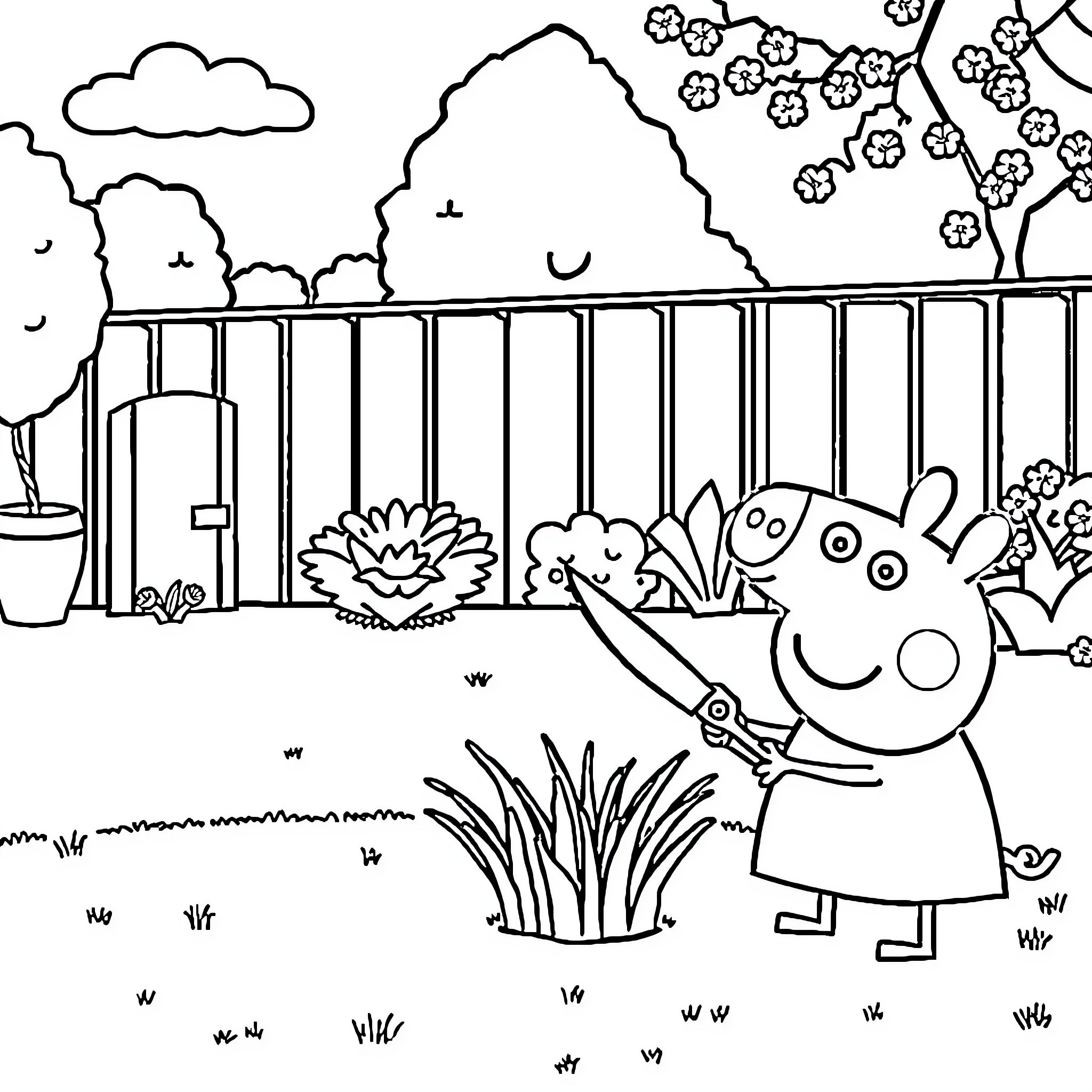 Peppa Pig exploring a garden with flowers and animals Coloring Page (free black-and-white line drawing printable PDF for all, from beginners to advanced learners, including children, teens, adults, and seniors)