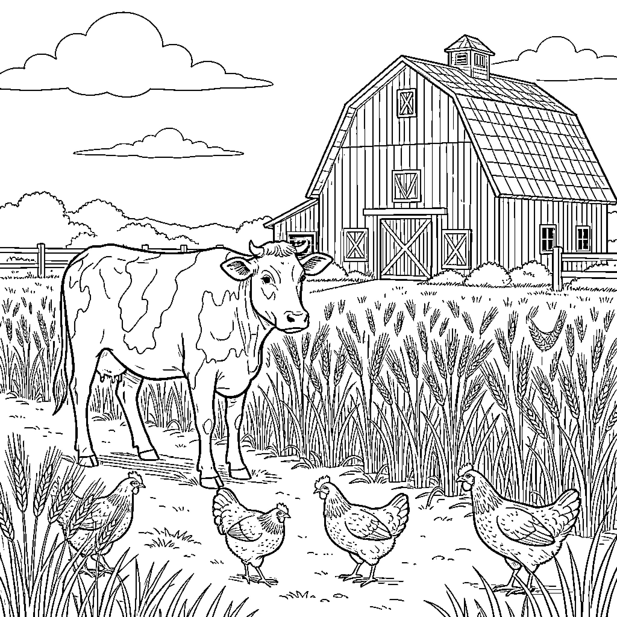Vaca on the Farm: Peaceful Countryside Scene Coloring Page (free black-and-white line drawing printable PDF for all, from beginners to advanced learners, including children, teens, adults, and seniors)