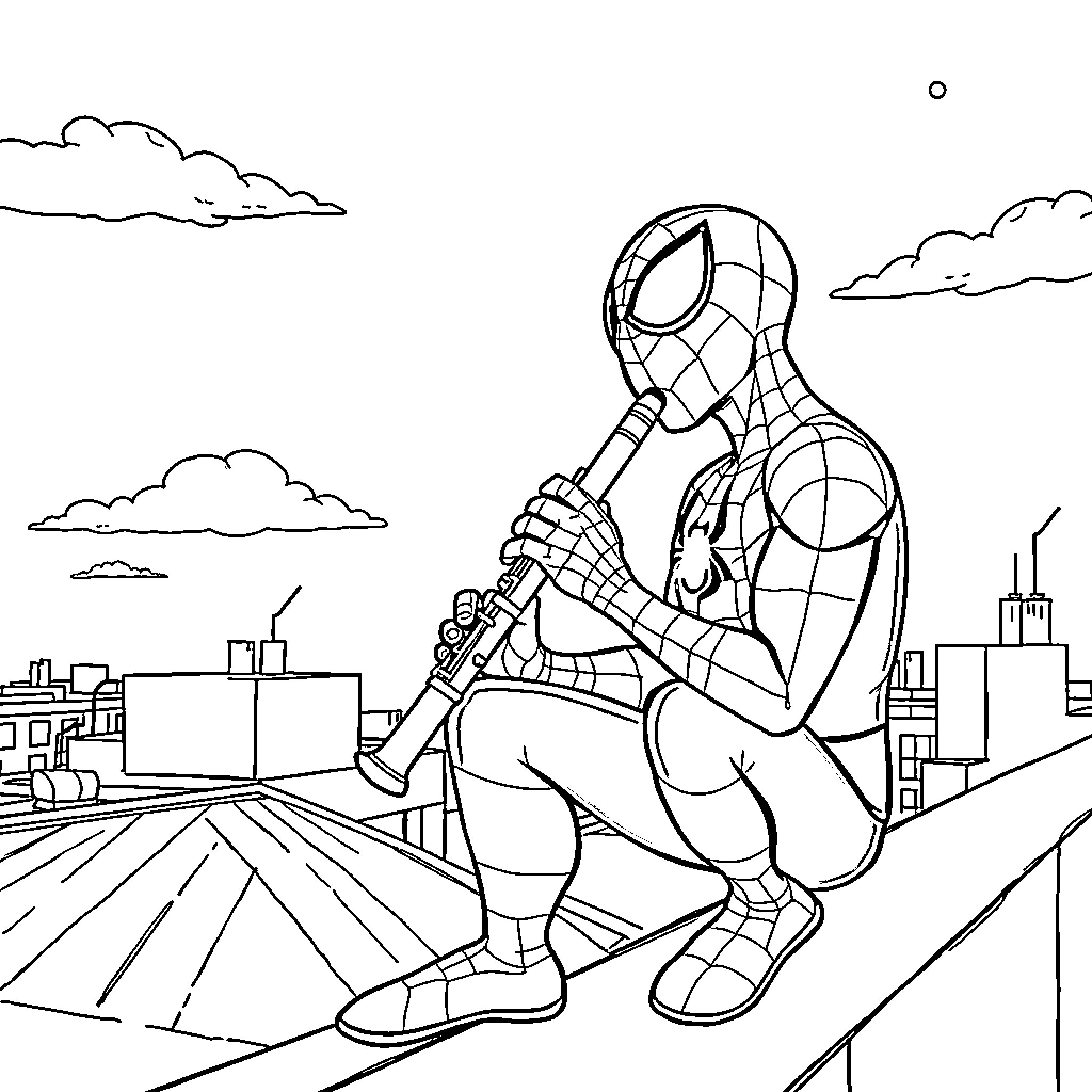 Spiderman contemplating in the city skyline Coloring Page (free black-and-white line drawing printable PDF for all, from beginners to advanced learners, including children, teens, adults, and seniors)