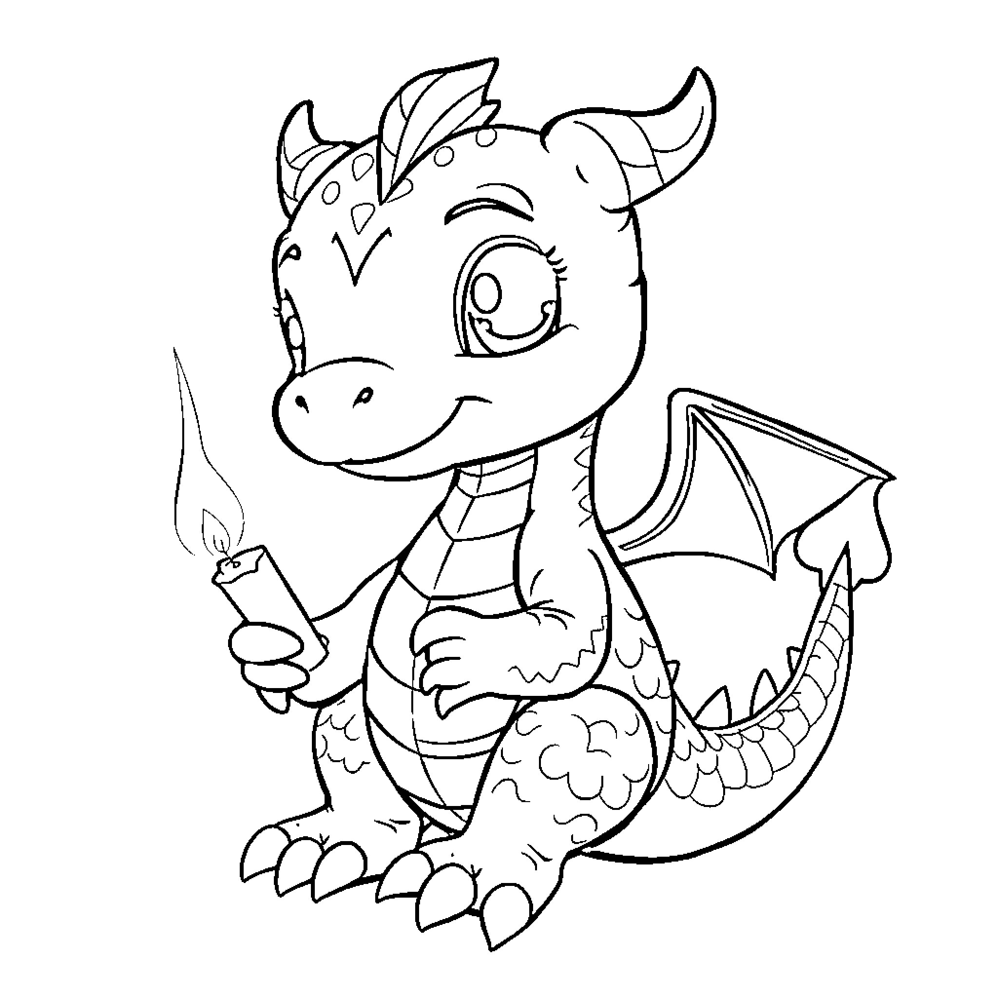 Baby Dragon Holding a Candle and Smiling Coloring Page (free black-and-white line drawing printable PDF for all, from beginners to advanced learners, including children, teens, adults, and seniors)