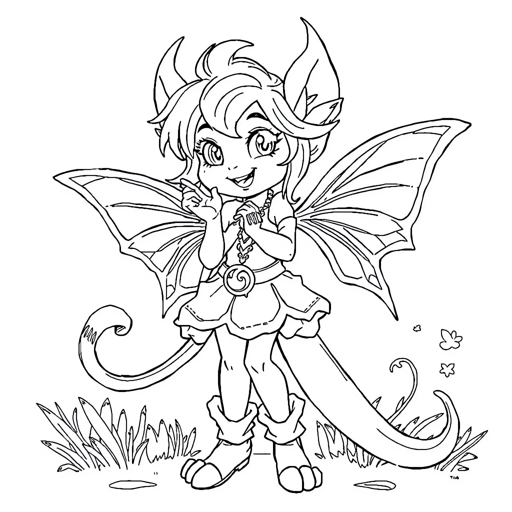 Girl fairy with butterfly wings in the garden Coloring Page (free black-and-white line drawing printable PDF for all, from beginners to advanced learners, including children, teens, adults, and seniors)
