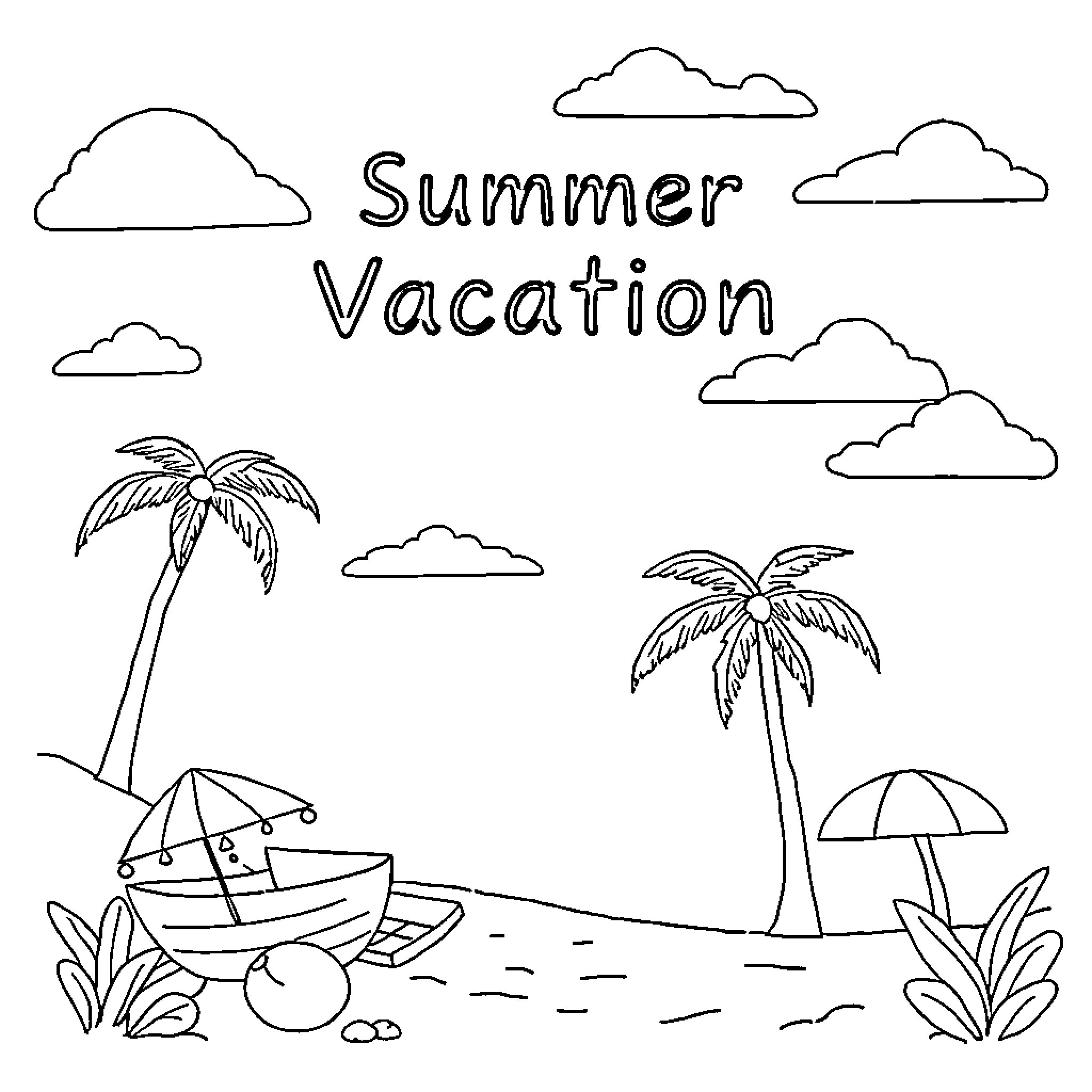 Vacation in the Tropics Coloring Page (free black-and-white line drawing printable PDF for all, from beginners to advanced learners, including children, teens, adults, and seniors)