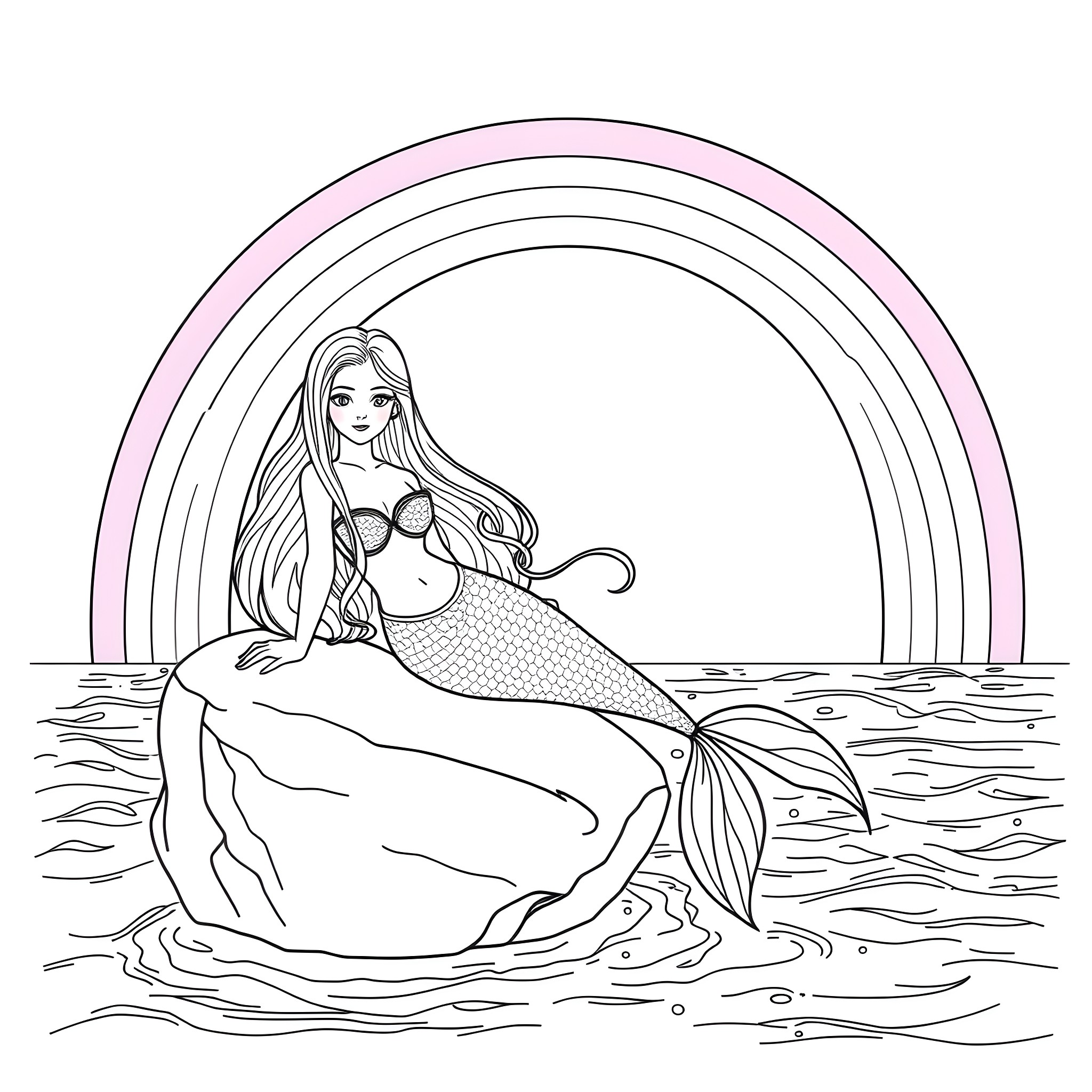 Mermaid sitting on a rock with a rainbow Coloring Page (free black-and-white line drawing printable PDF for all, from beginners to advanced learners, including children, teens, adults, and seniors)