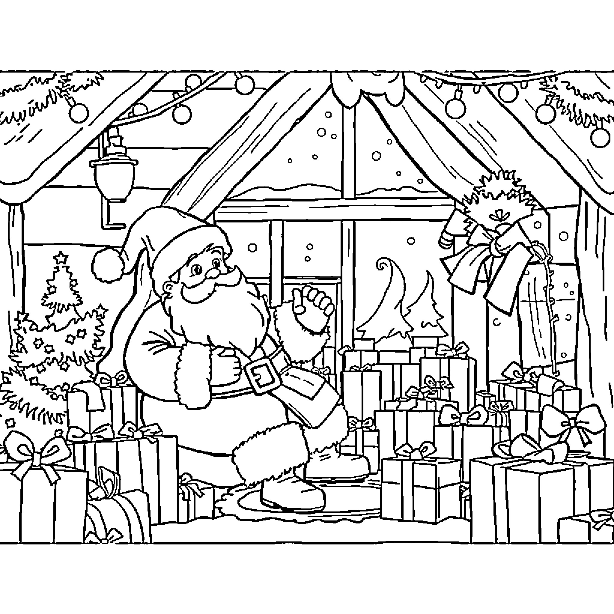 Santa Claus arranging gifts in winter wonderland Coloring Page (free black-and-white line drawing printable PDF for all, from beginners to advanced learners, including children, teens, adults, and seniors)