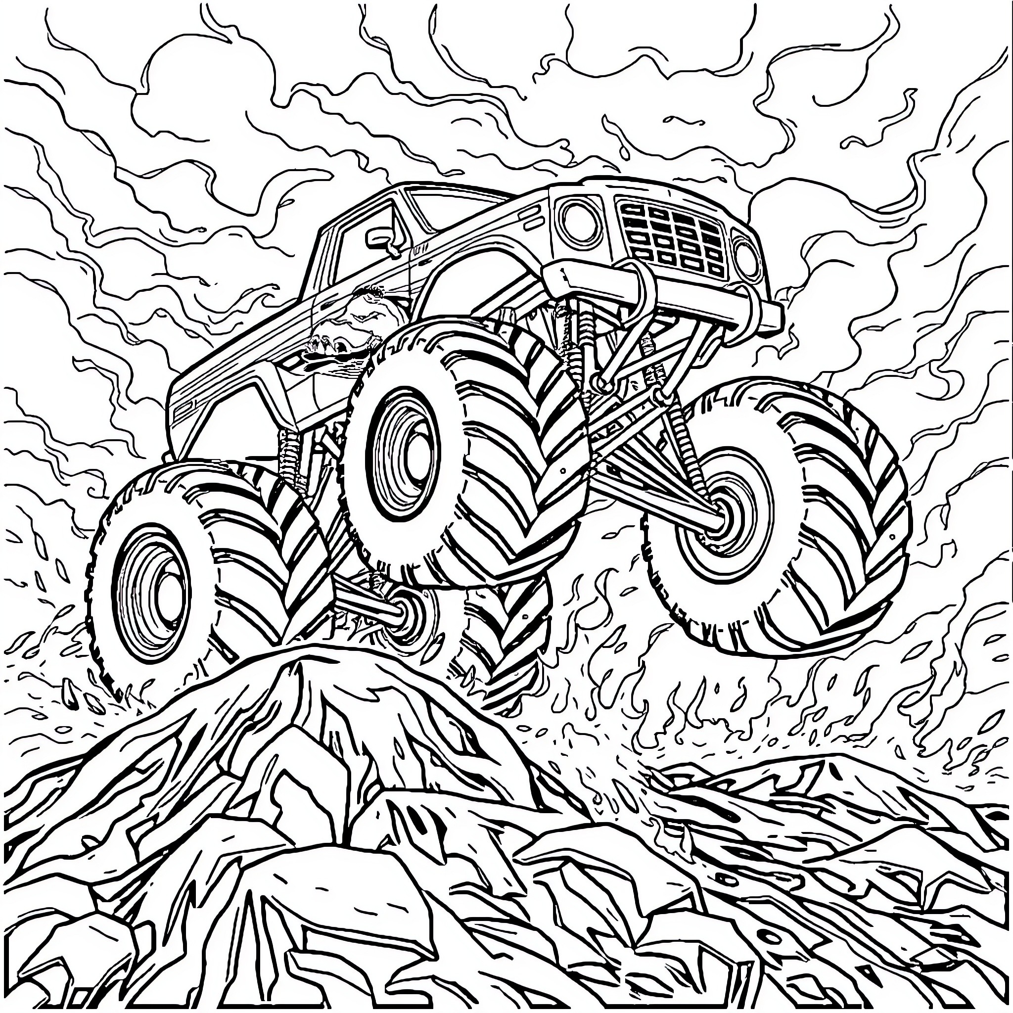 Monster Truck Soaring Over Rugged Terrain Coloring Page (free black-and-white line drawing printable PDF for all, from beginners to advanced learners, including children, teens, adults, and seniors)